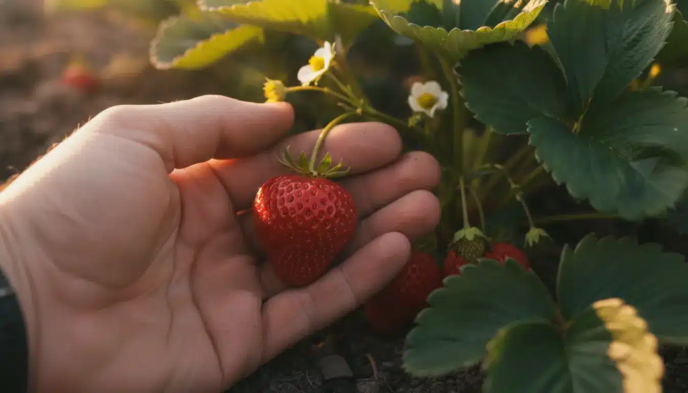 Hand gently holding ripe strawberry among green leaves in a garden setting