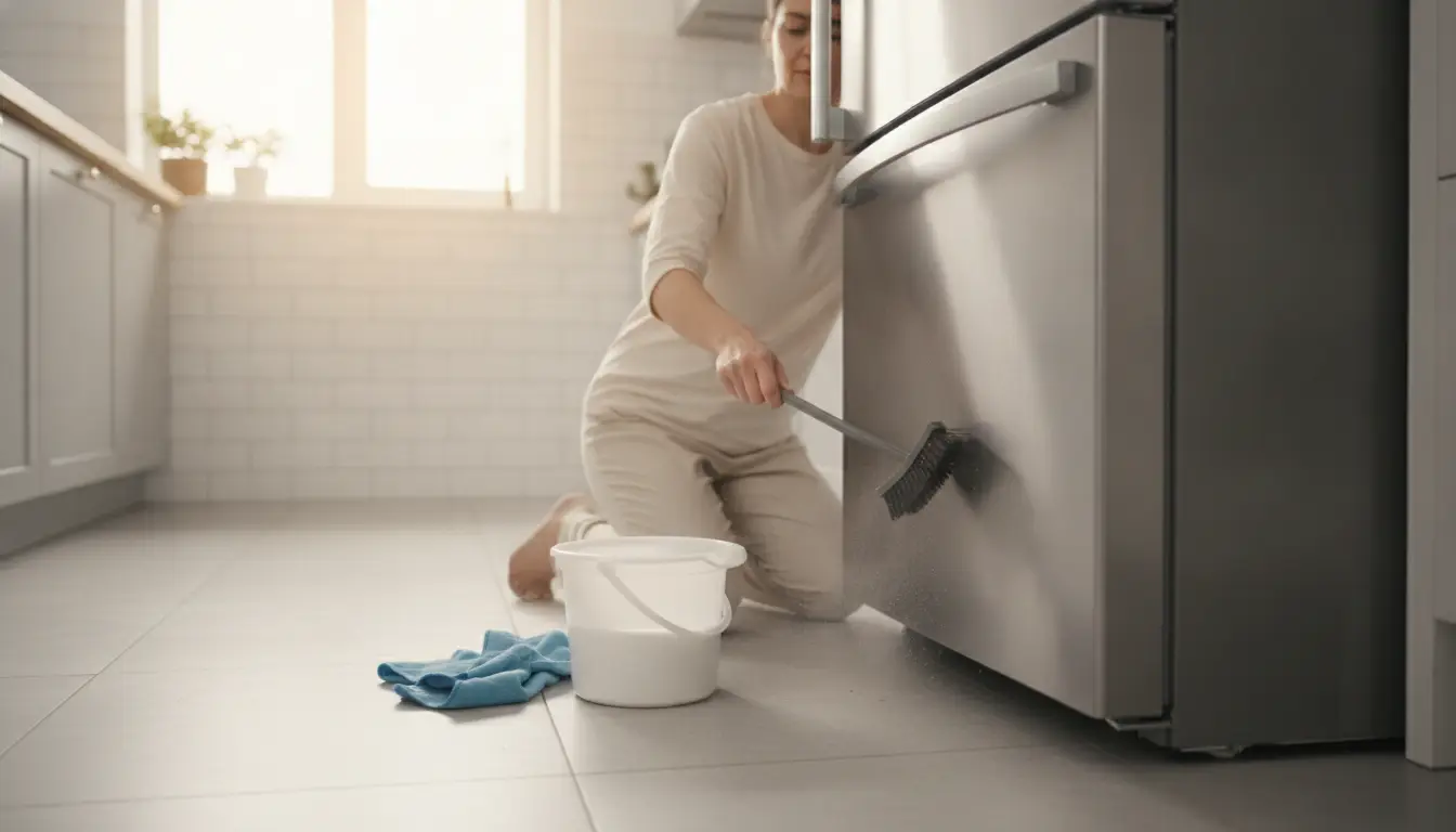 Person scrubbing base of stainless steel refrigerator with cleaning brush in bright kitchen