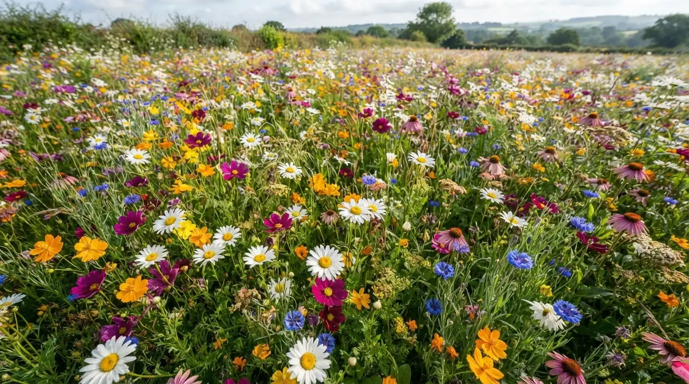 a meadow filled with colorful wildflowers, including daisies, poppies, cornflowers, and coneflowers, with hills in the distance