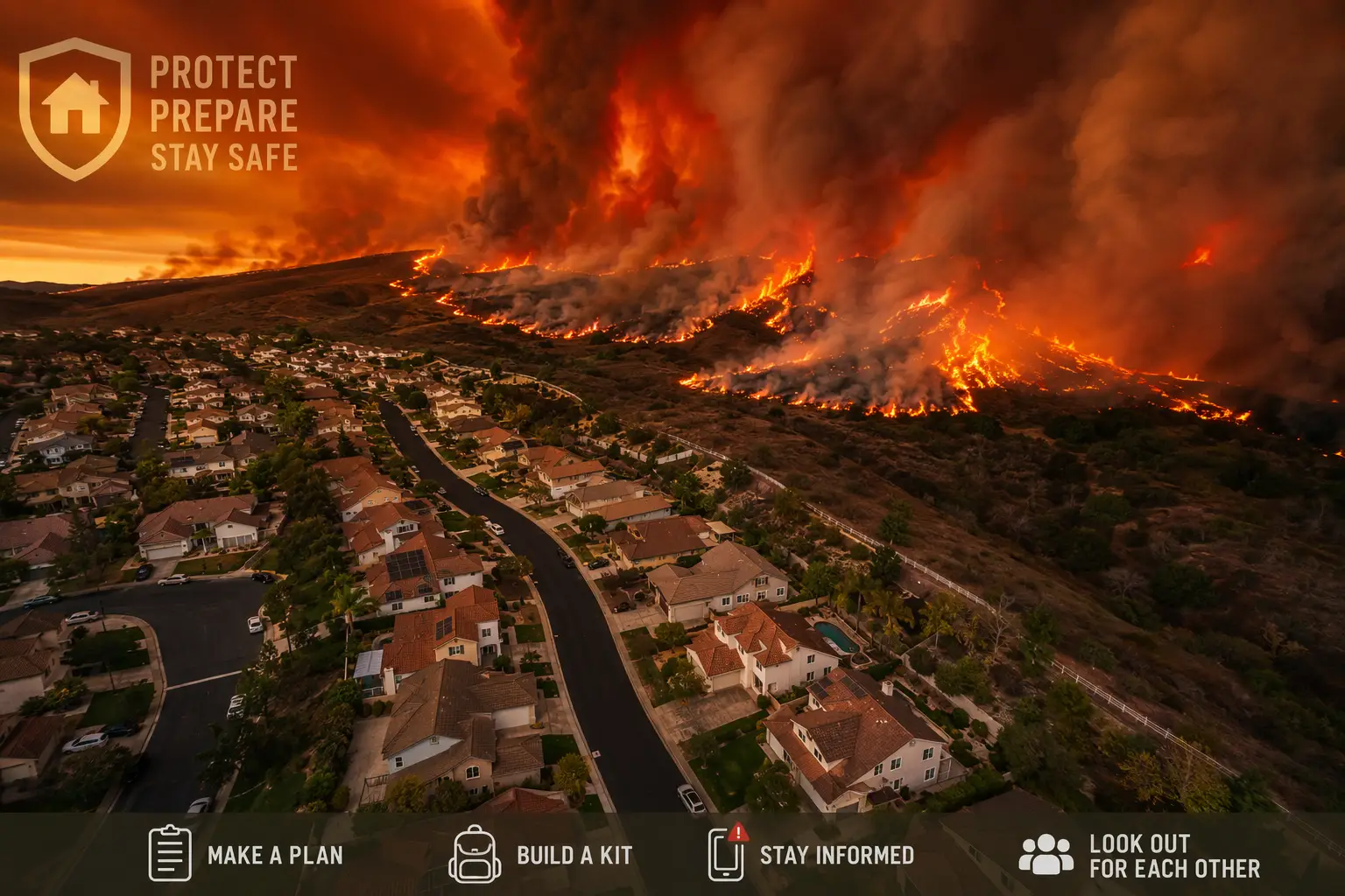 Raging wildfire sweeping through hills near suburban neighborhood under orange sky