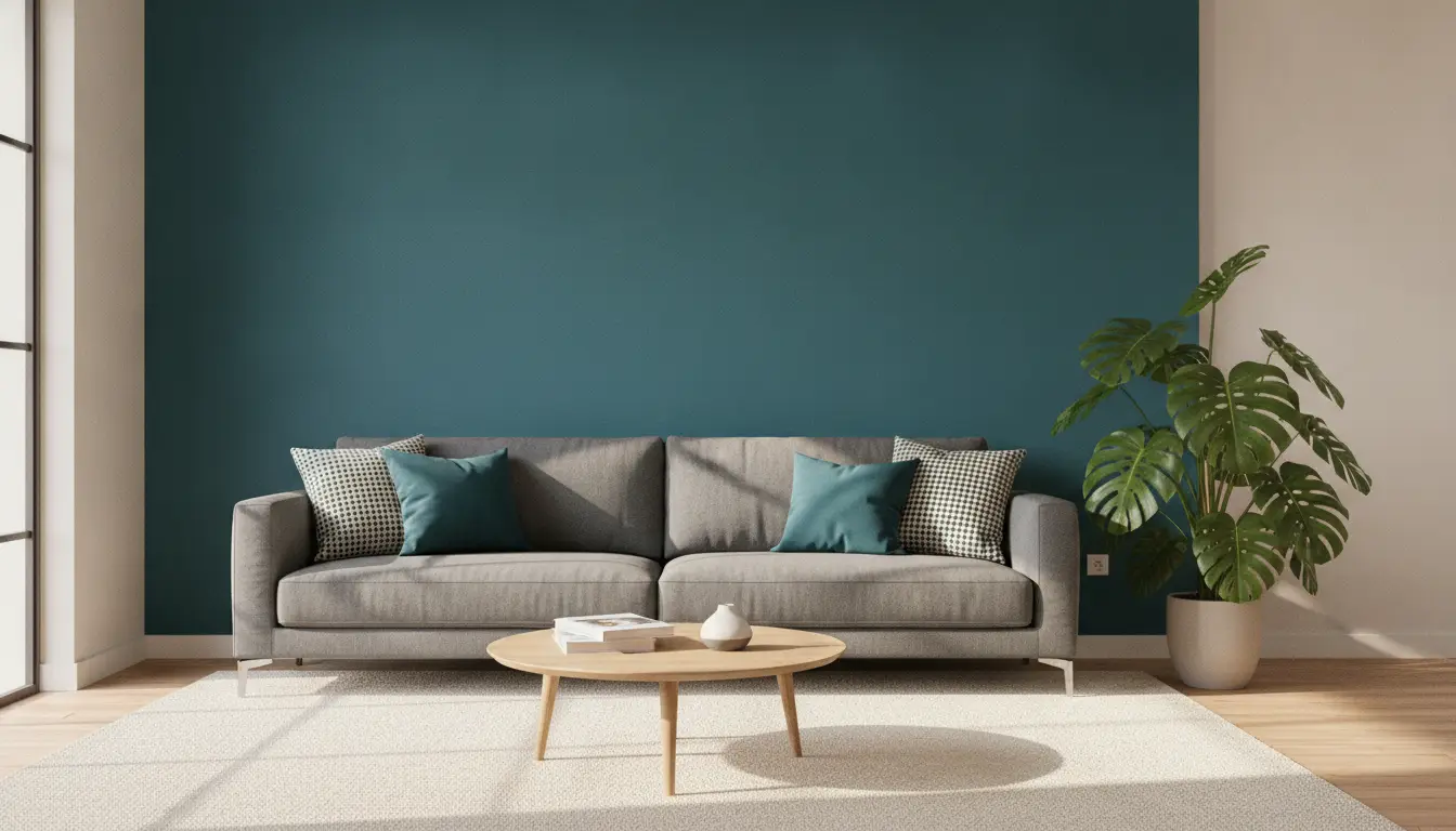 Gray sofa with teal and patterned cushions against a teal accent wall, potted plant beside