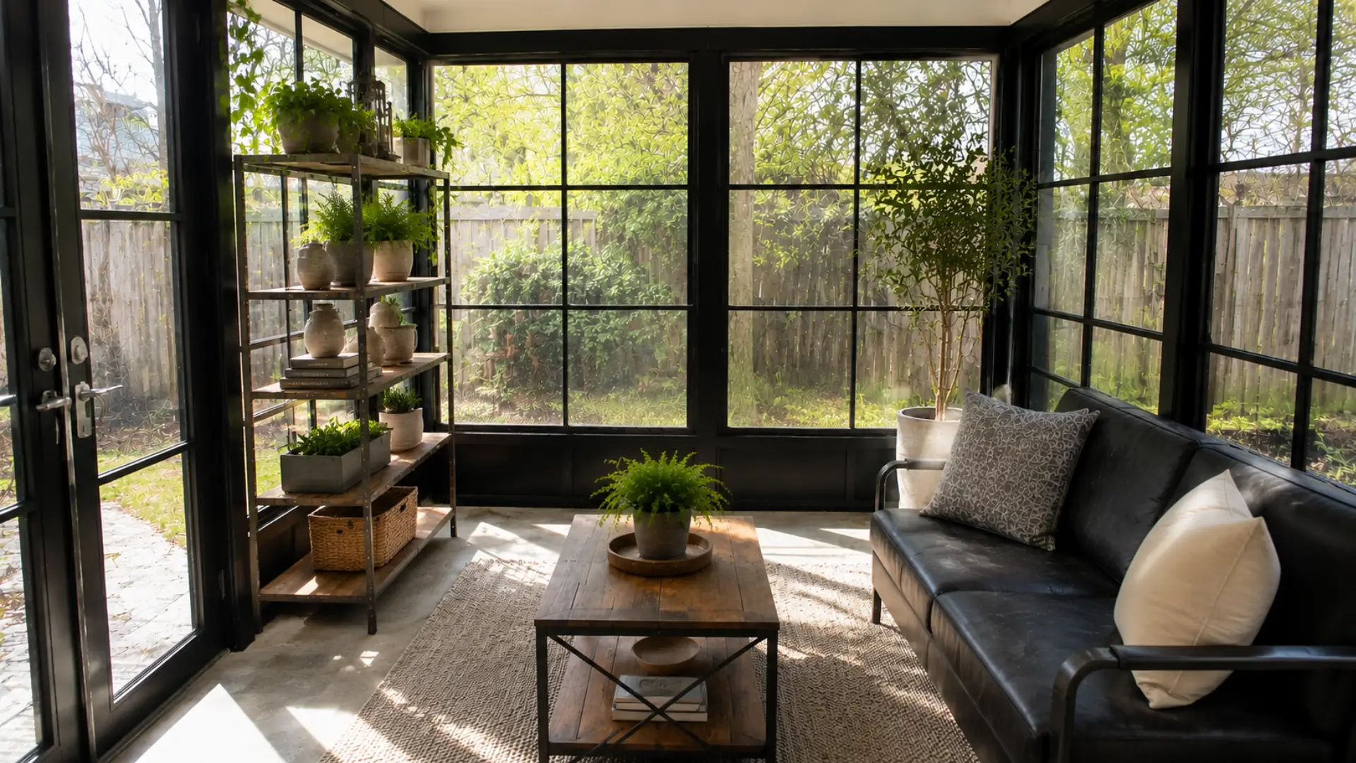 industrial style sunroom with black metal window frames and a leather sofa