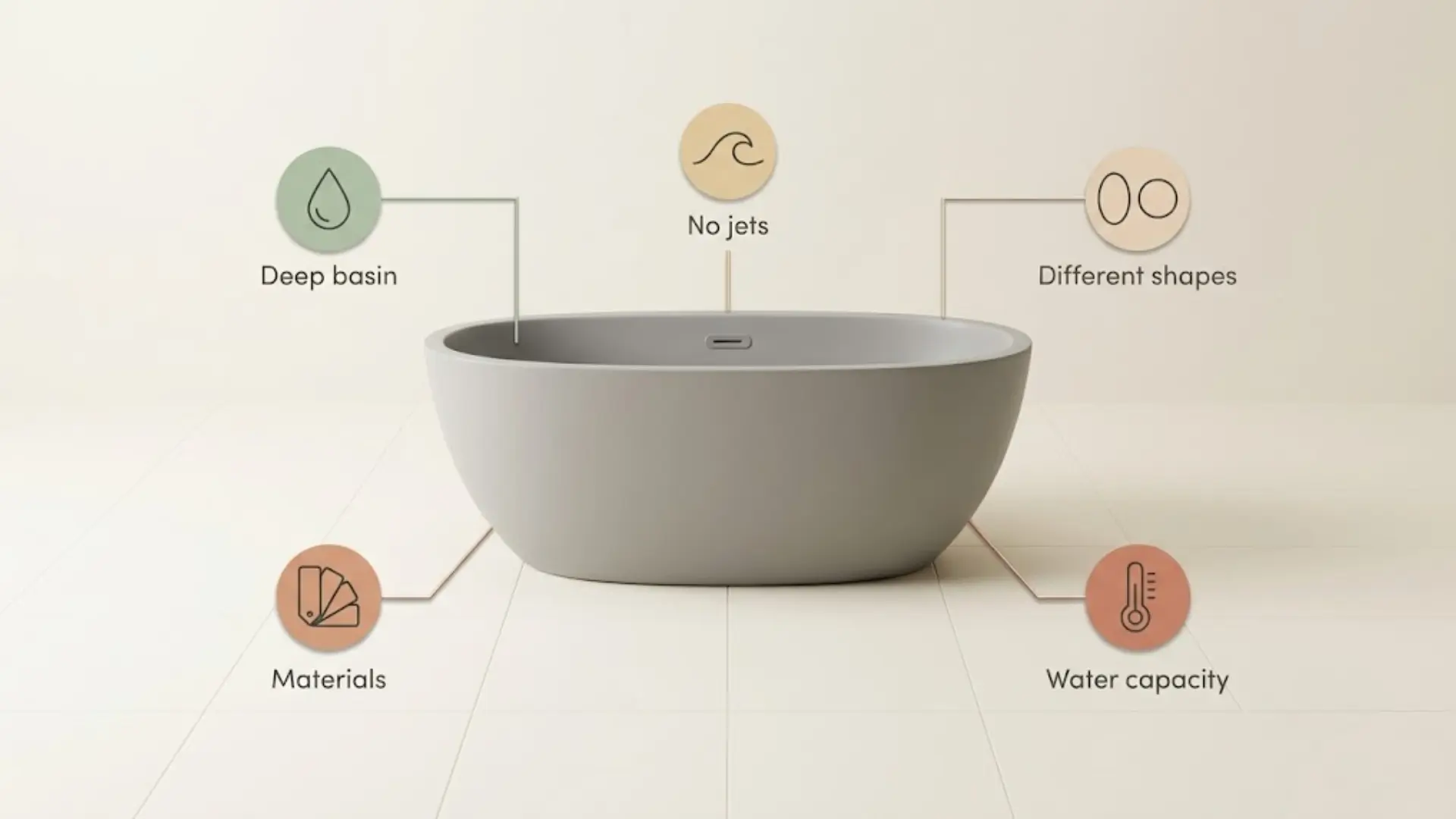 infographic showing soaking tub features deep basin no jets different shapes materials and water capacity