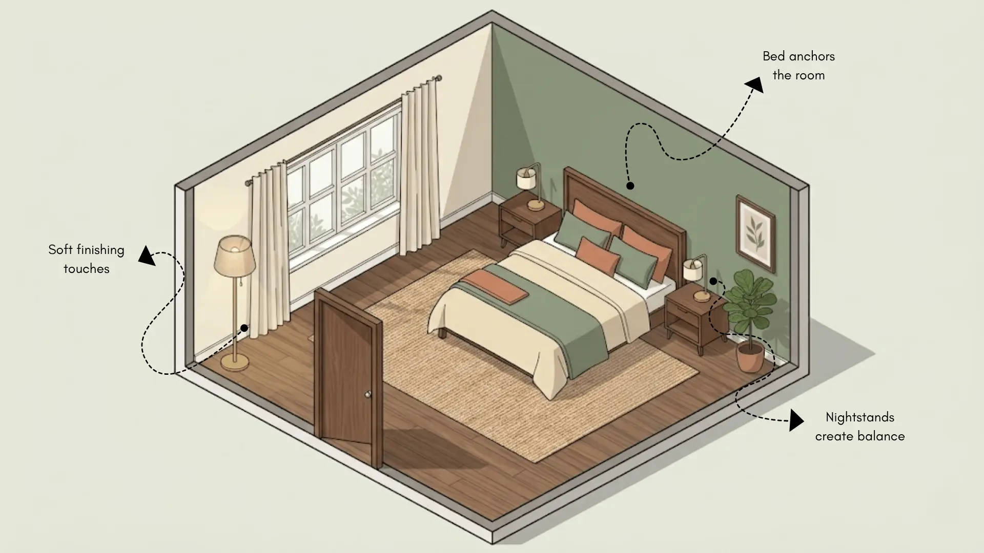 isometric illustration of a bedroom with a bed, two nightstands, a rug, a lamp, curtains, a plant, and annotated notes about room design elements
