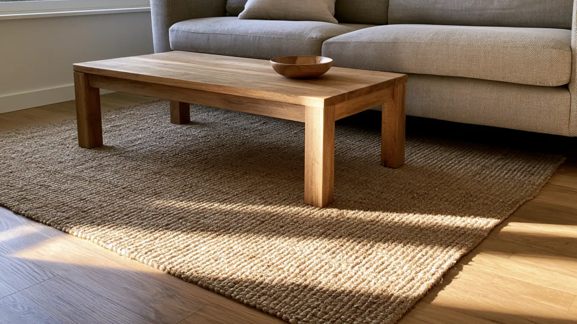 jute rug under wood coffee table anchoring living room seating area