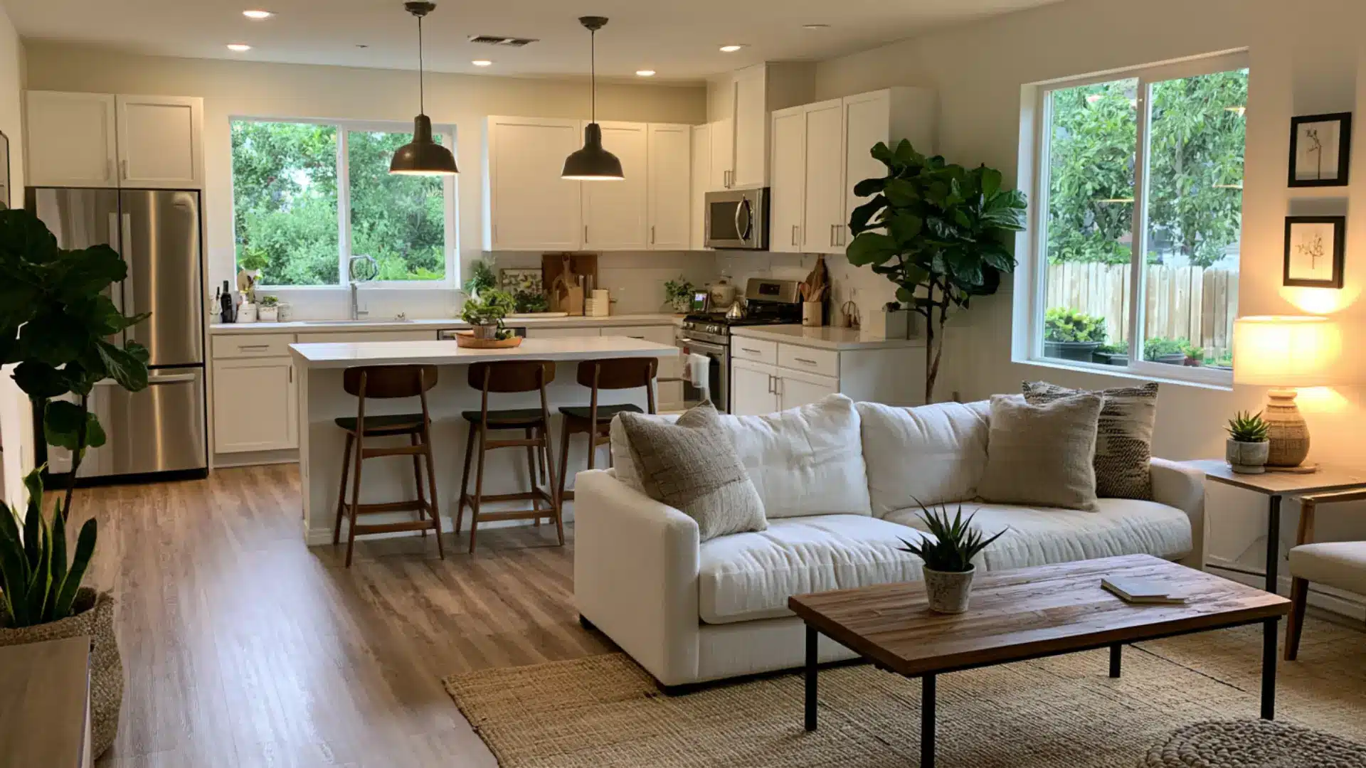 kitchen island with barstools facing open living room seating area