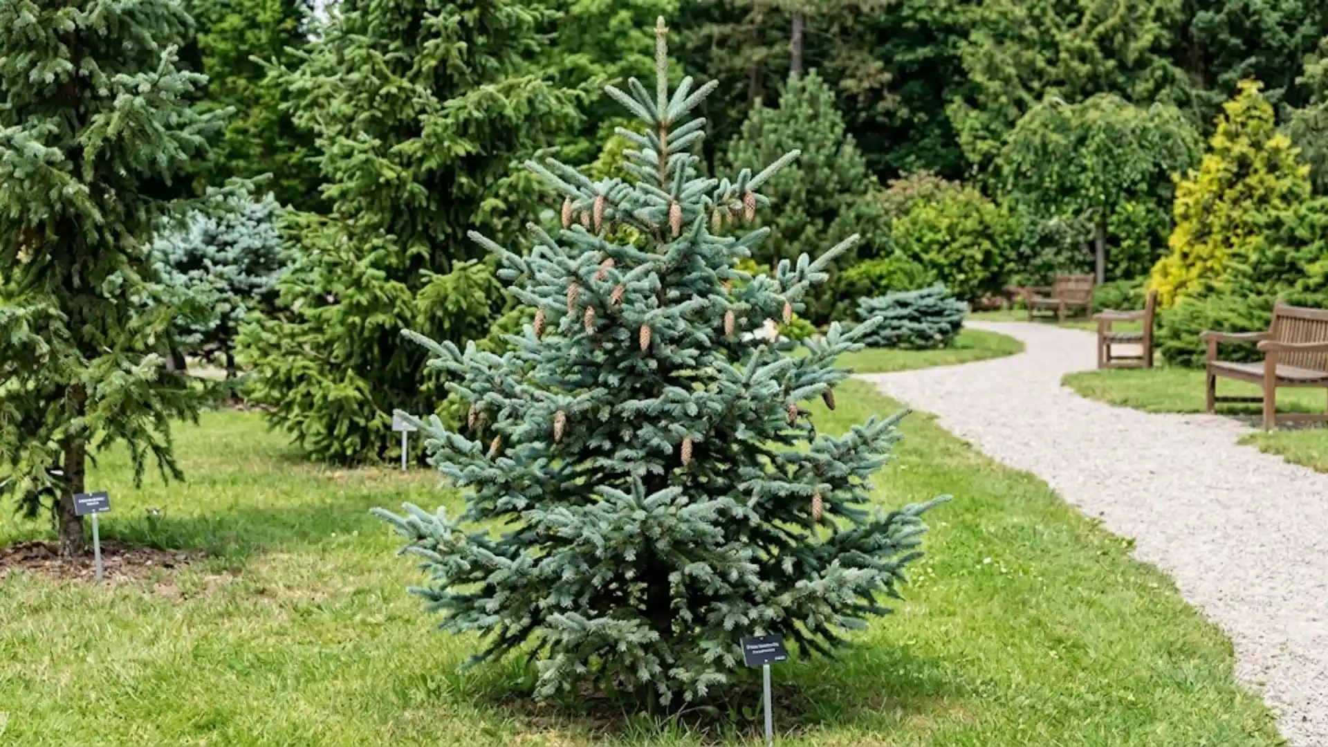 korean spruce with blue green foliage and small cones in a garden