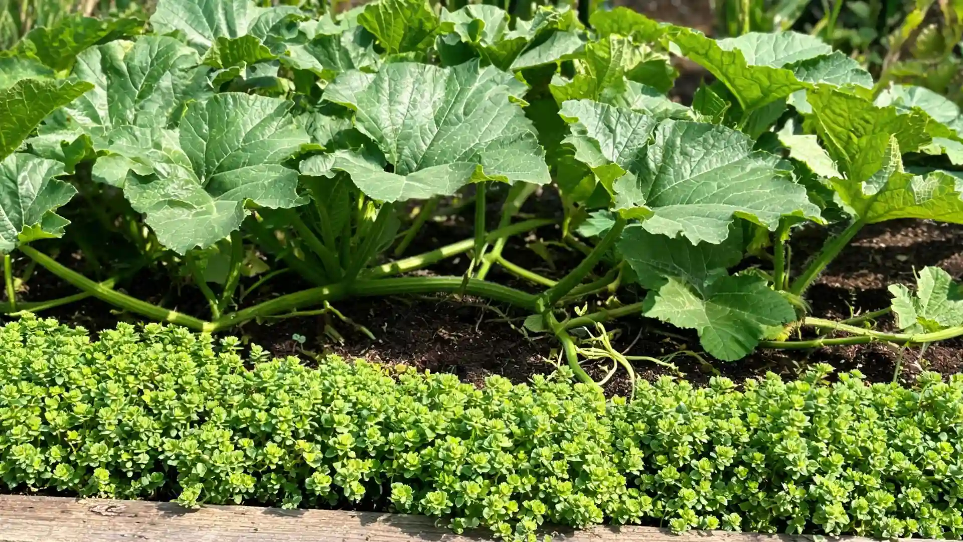 large zucchini plants growing behind a dense border of green oregano in a sunny vegetable garden