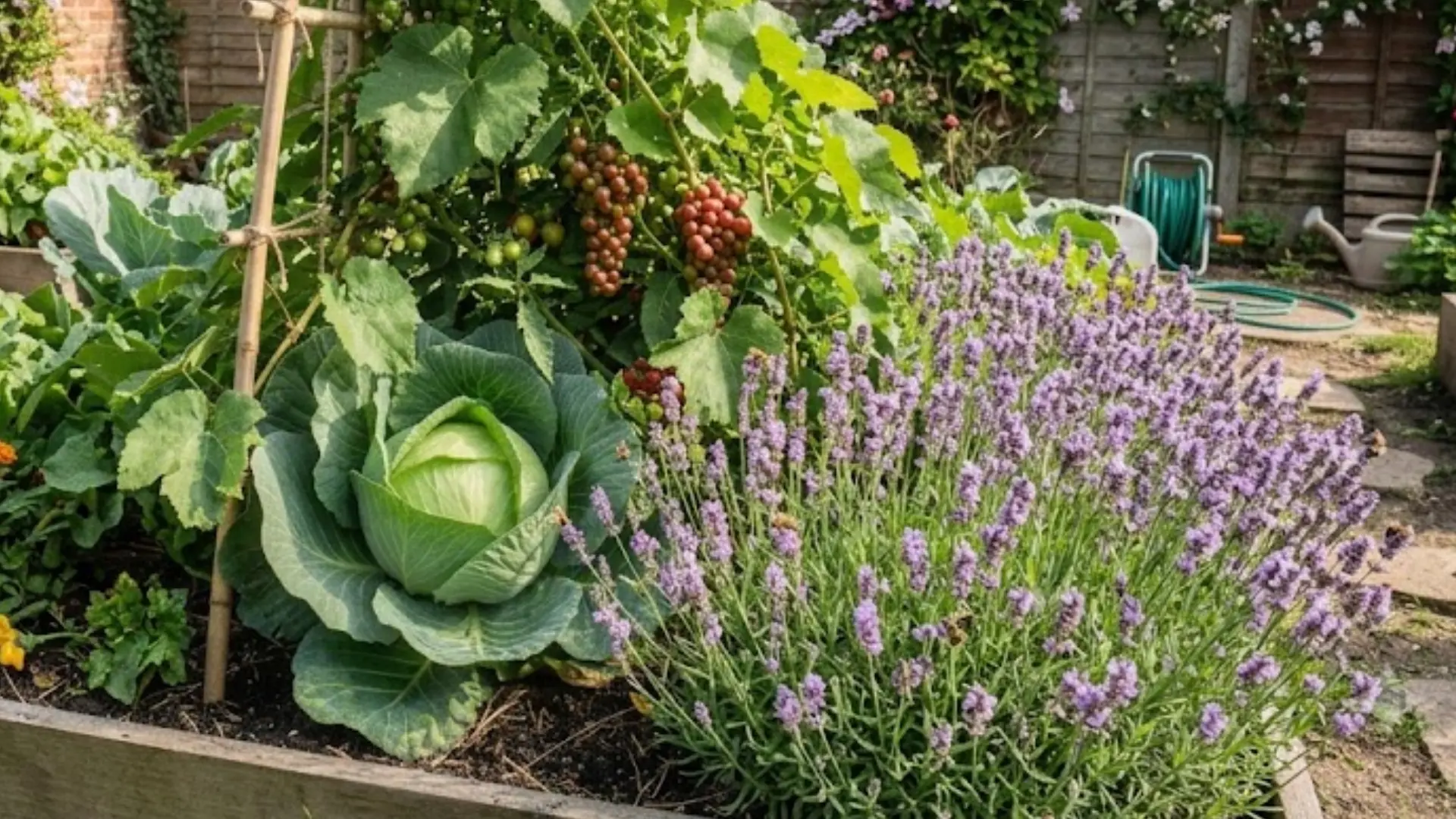 lavender blooming beside healthy cabbage plants in a colorful companion planting garden
