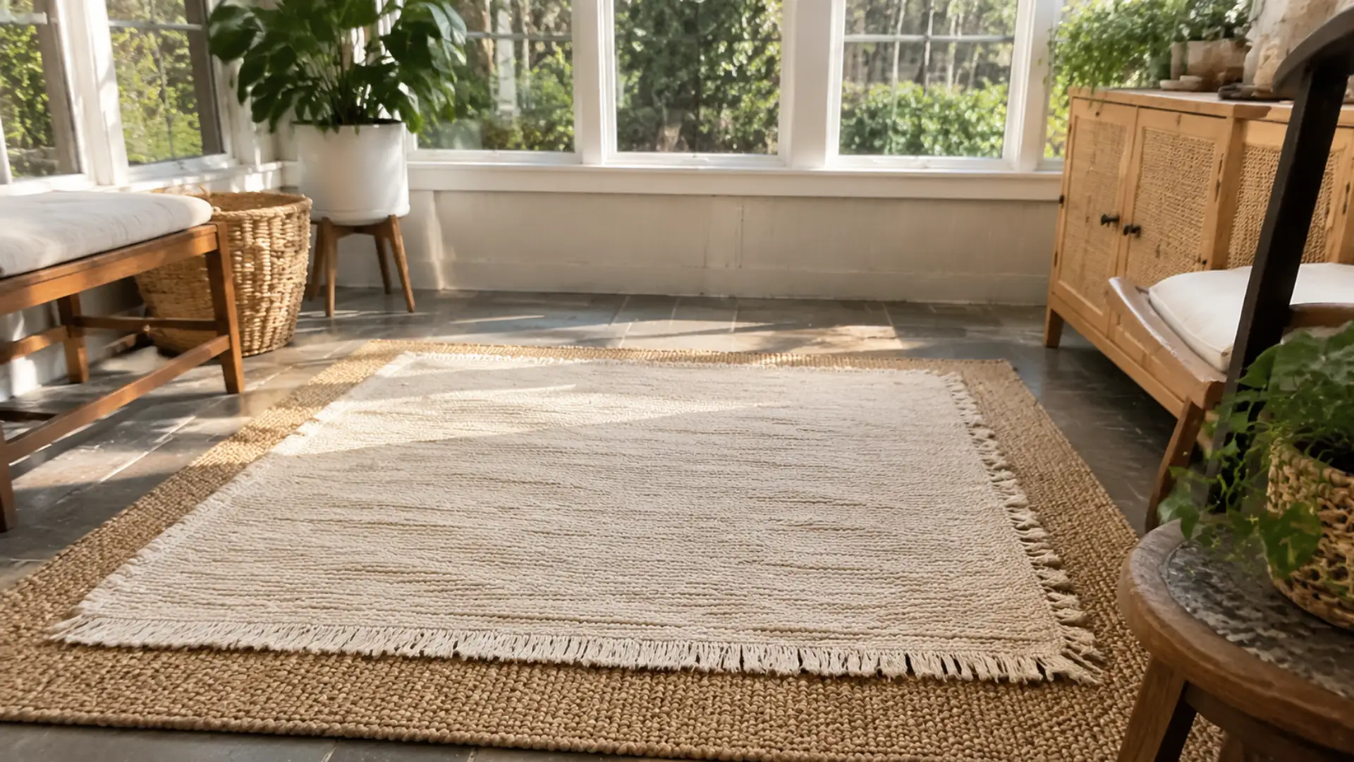 layered jute and cotton rug on a stone floor in a bright sunroom