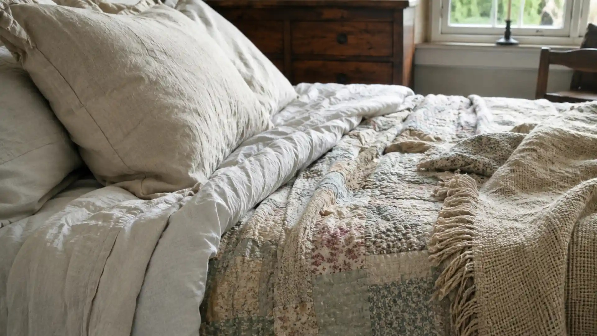 layered washed linen and faded patchwork quilt with visible fabric texture