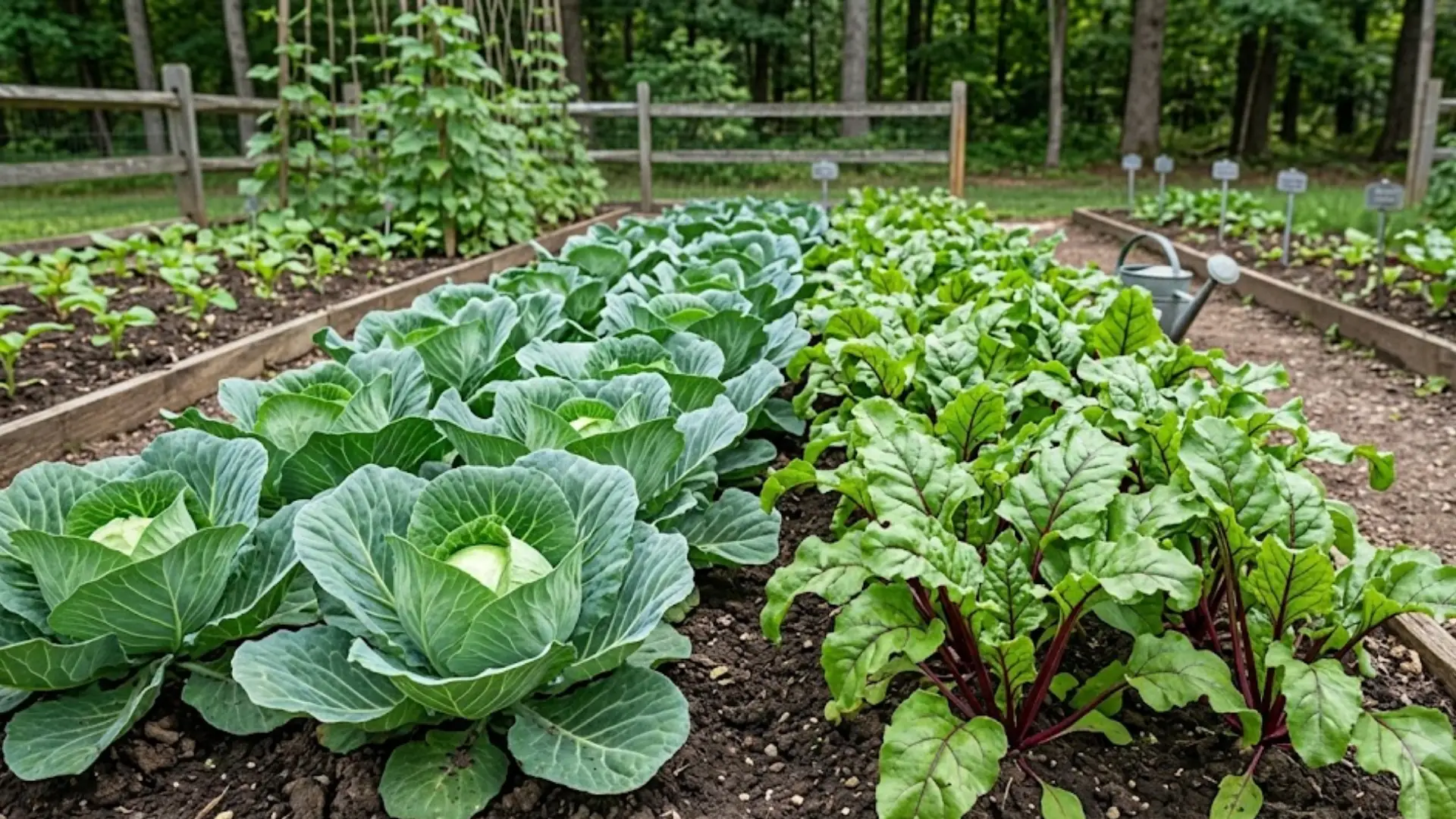 leafy beet plants growing beside cabbage in a productive companion planting garden bed