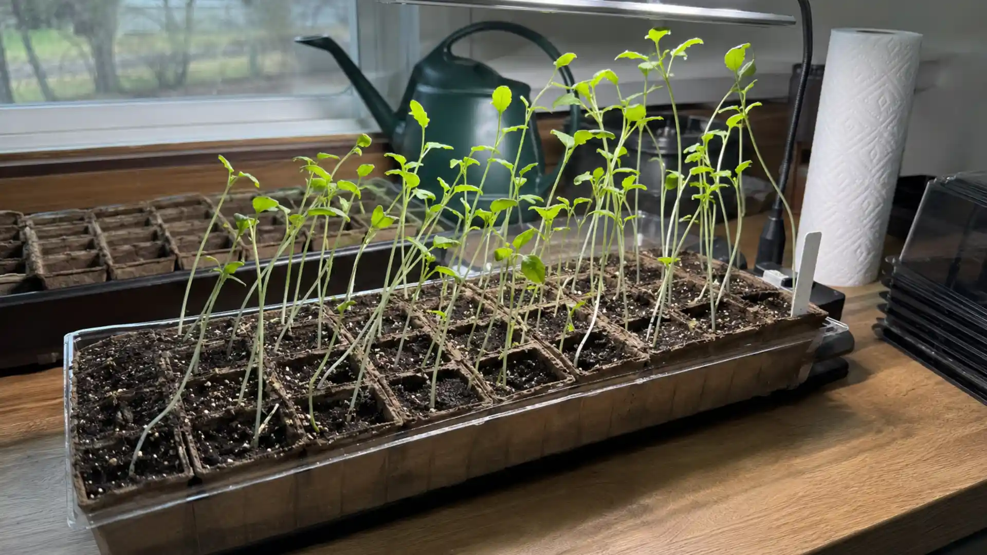leggy pale seedlings leaning toward grow light in seed tray