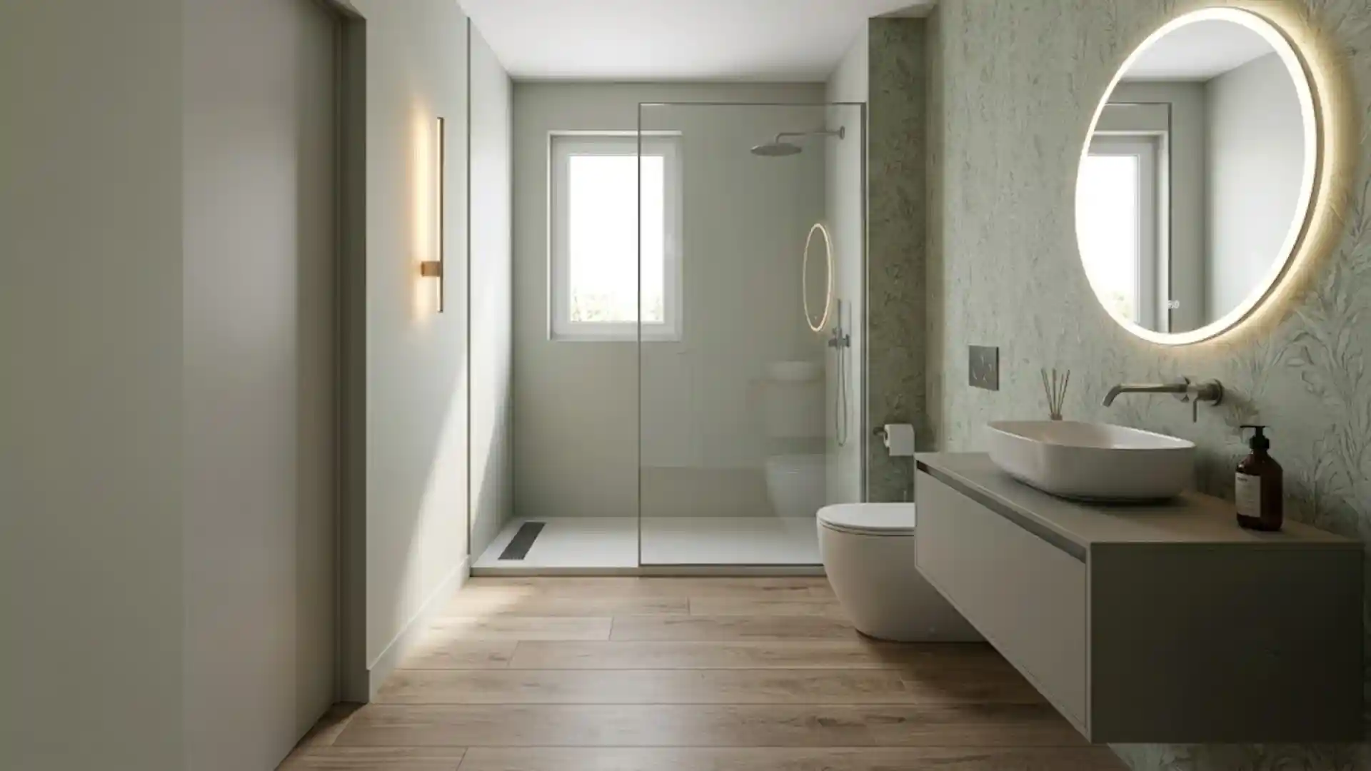 linear shower bathroom layout with botanical wallpaper and backlit round mirror