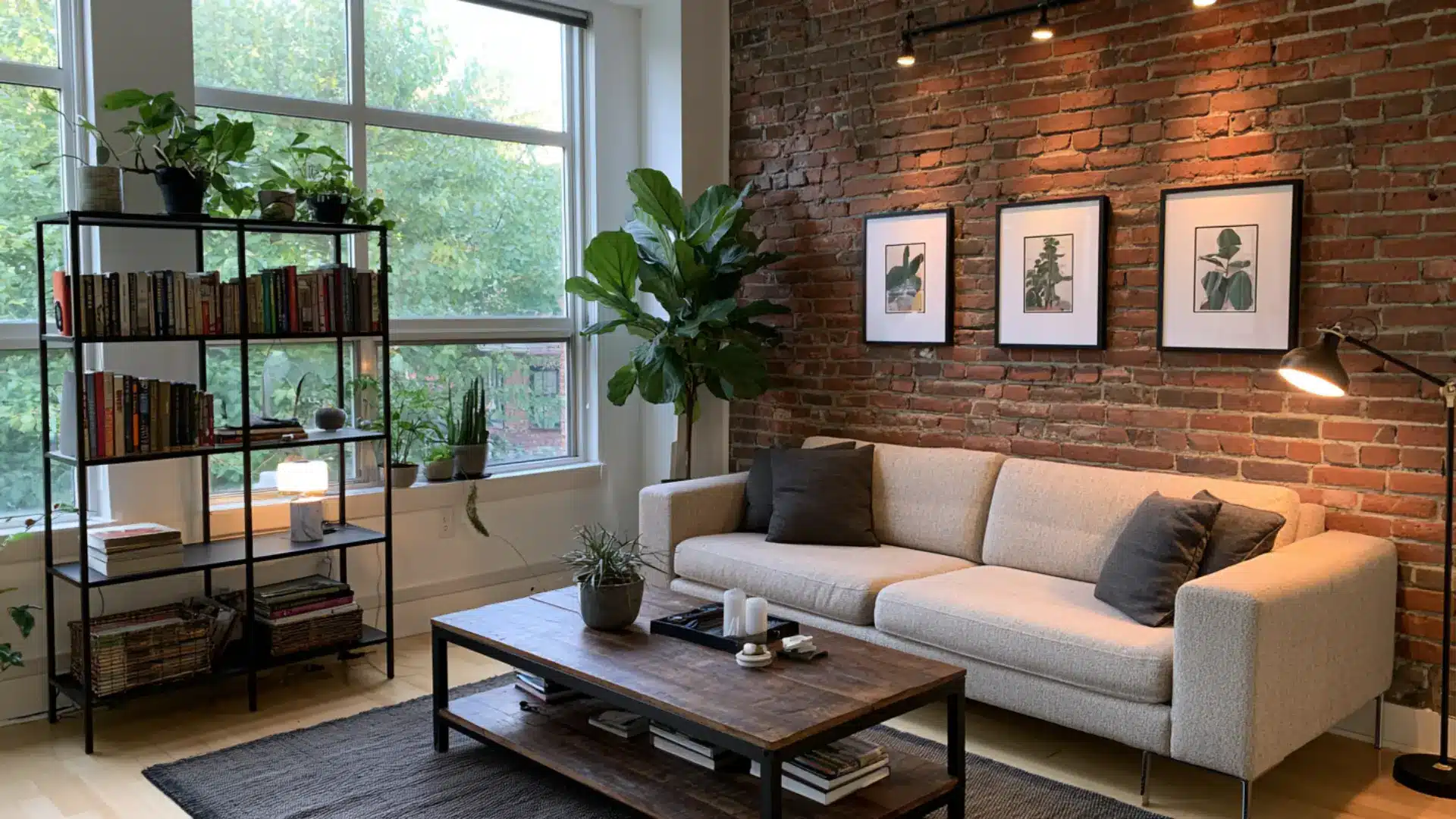 living room with exposed brick wall and black metal shelving