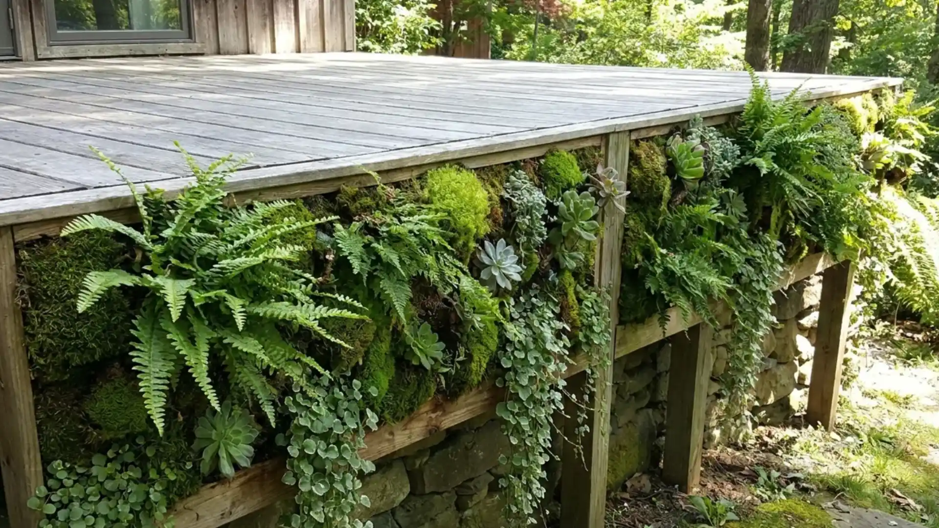 living wall deck skirting with ferns moss and succulents in wooden frame