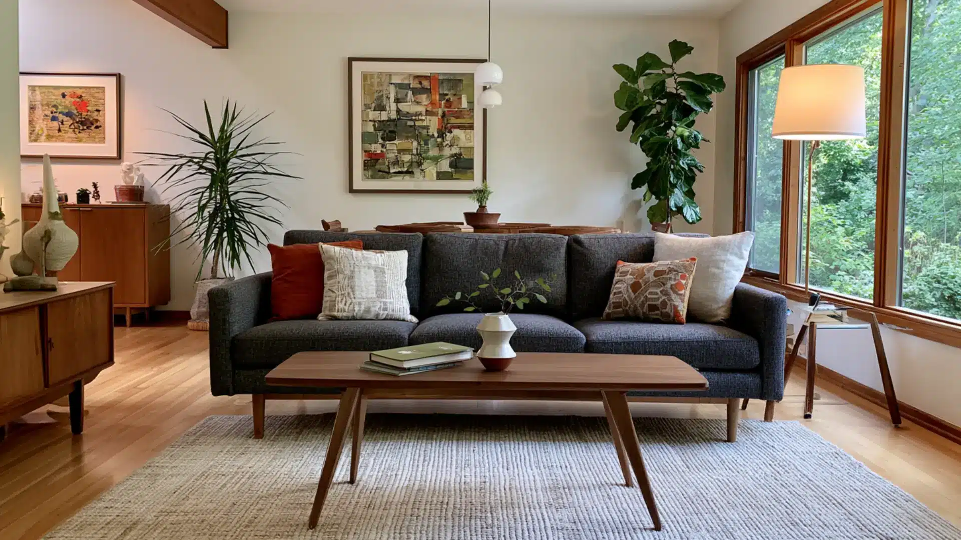 low back sofa keeping sightlines open in mid century living room