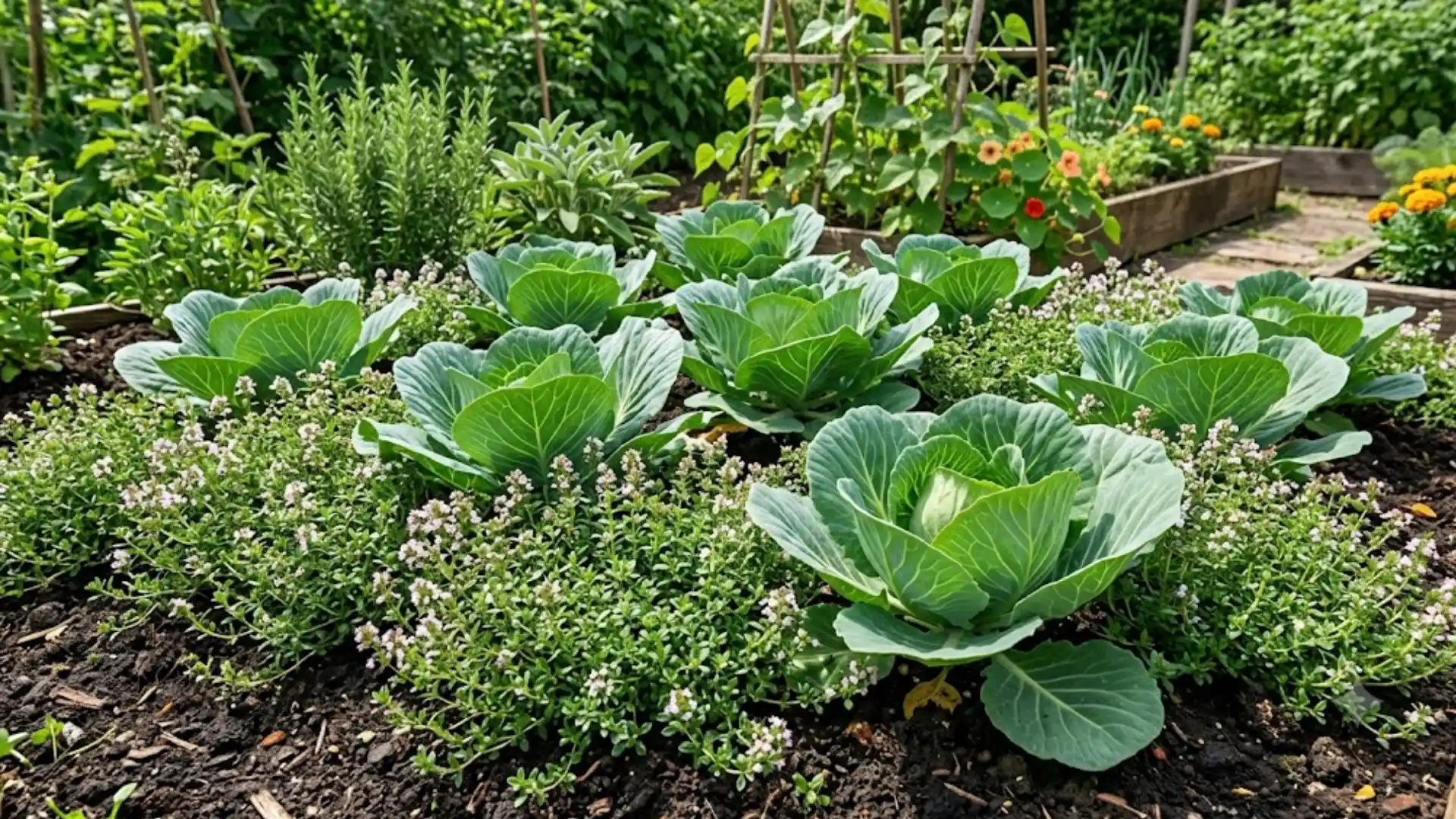 low-growing thyme planted around cabbage in a sunny companion planting vegetable garden