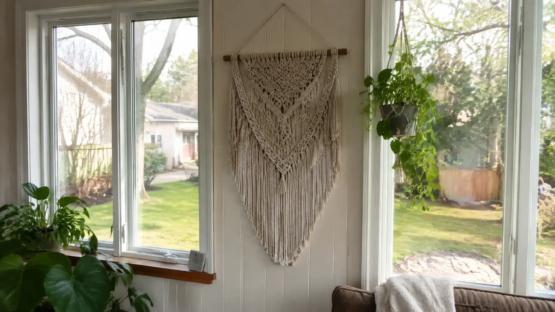 macrame wall hanging between windows with hanging plants in a bright sunroom