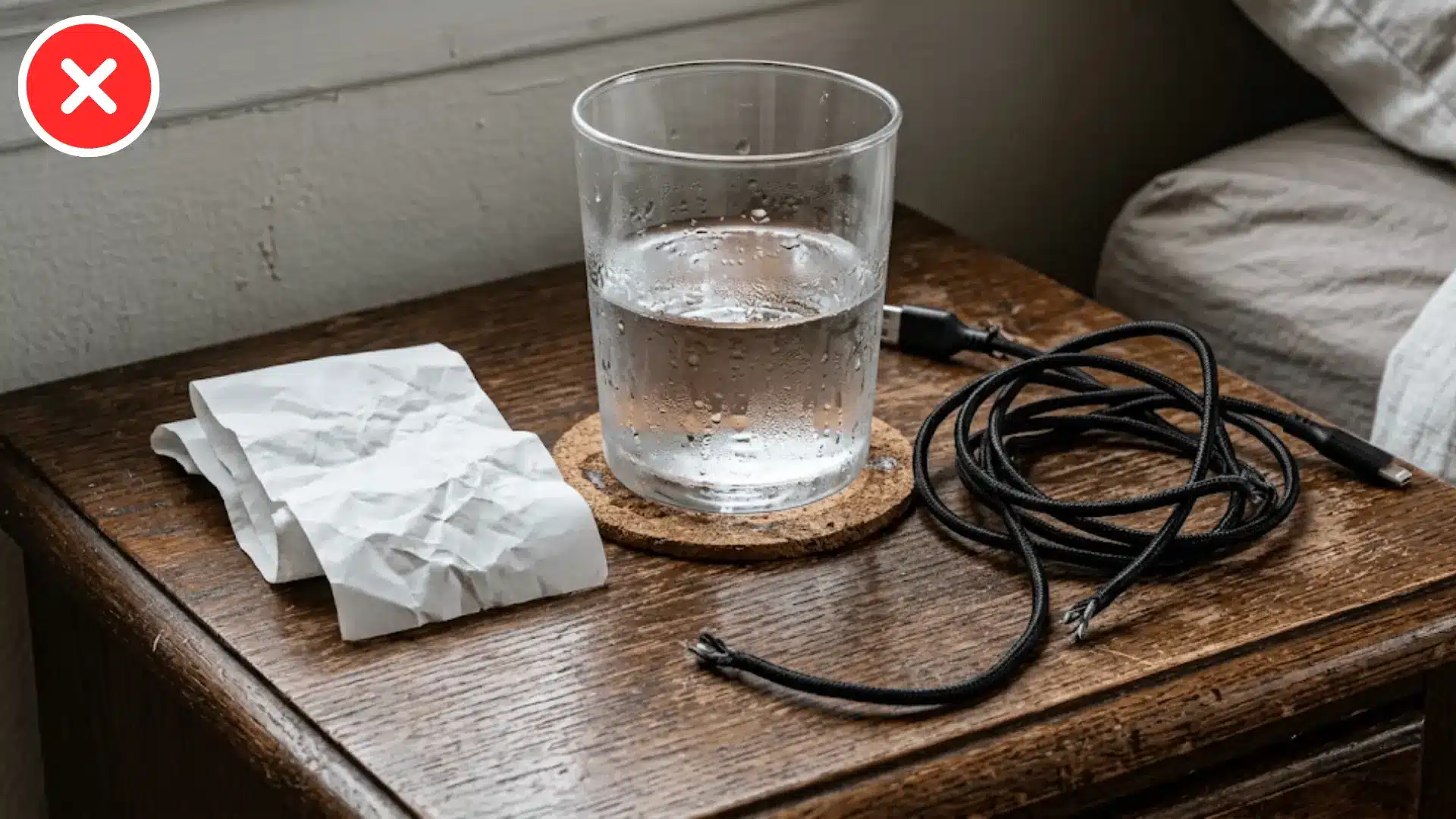 macro shot of a nightstand corner with a charger cable water glass and receipt