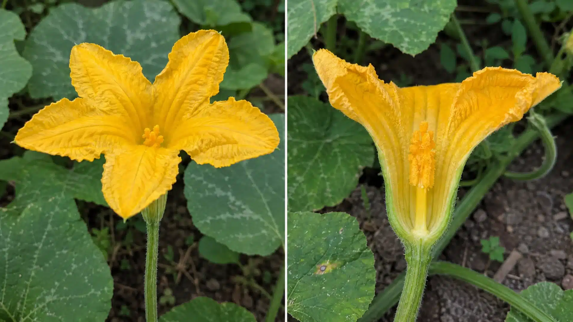 male pumpkin flower shown fully open and dissected to reveal its pollen-covered stamen