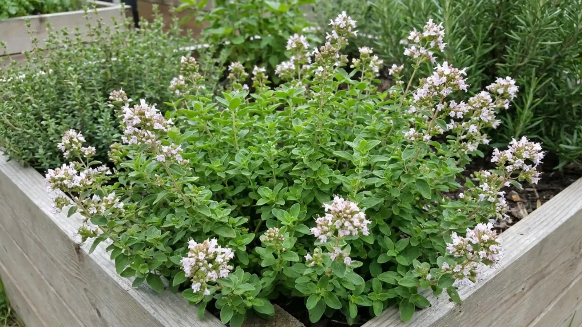 marjoram plant with small leaves and light flower clusters in a garden bed
