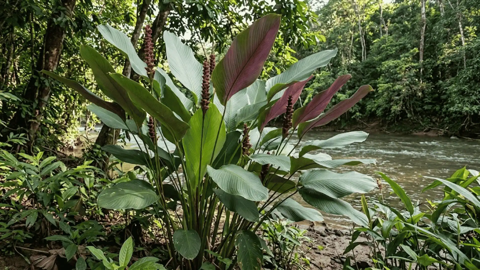 mature calathea lutea with paddle leaves and cigar shaped bracts