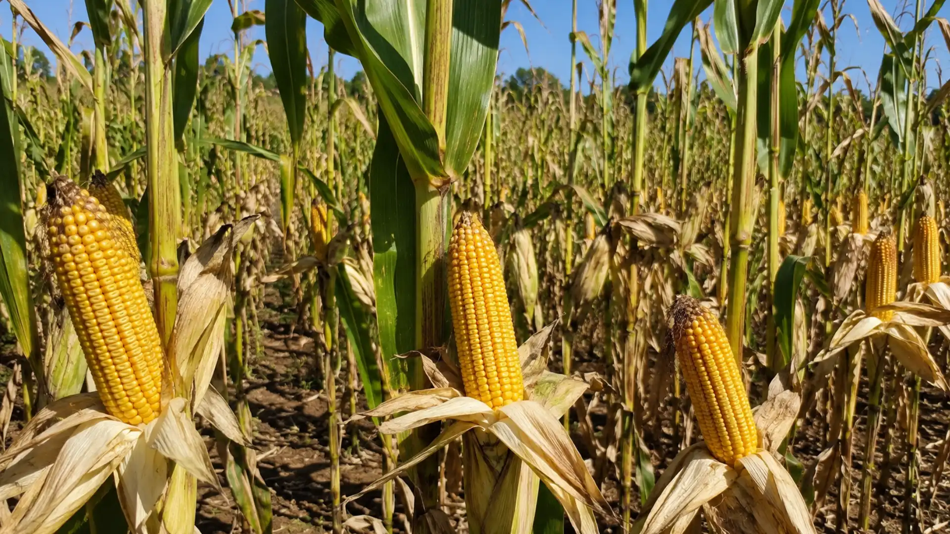 mature field corn with dry husks and dented yellow kernels ready for harvest in a farm field