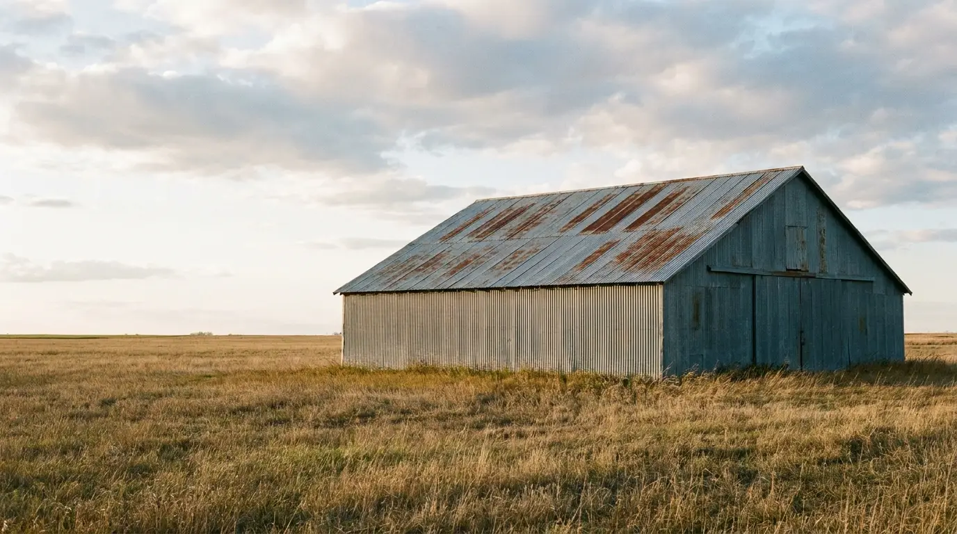 Rustic corrugated metal barn in open grassy field under cloudy sky