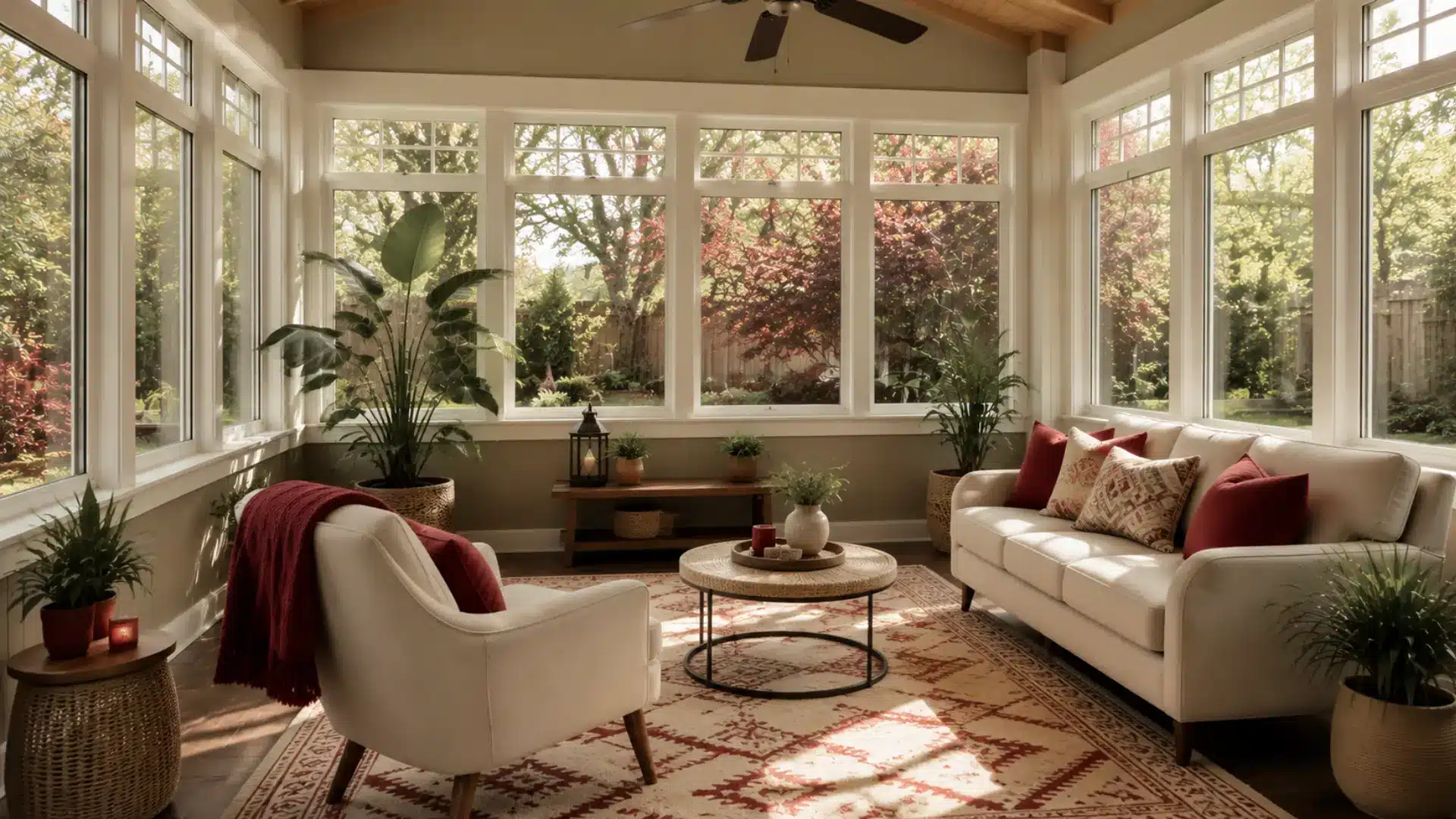 mid century modern sunroom with wood furniture woven rug and potted plants
