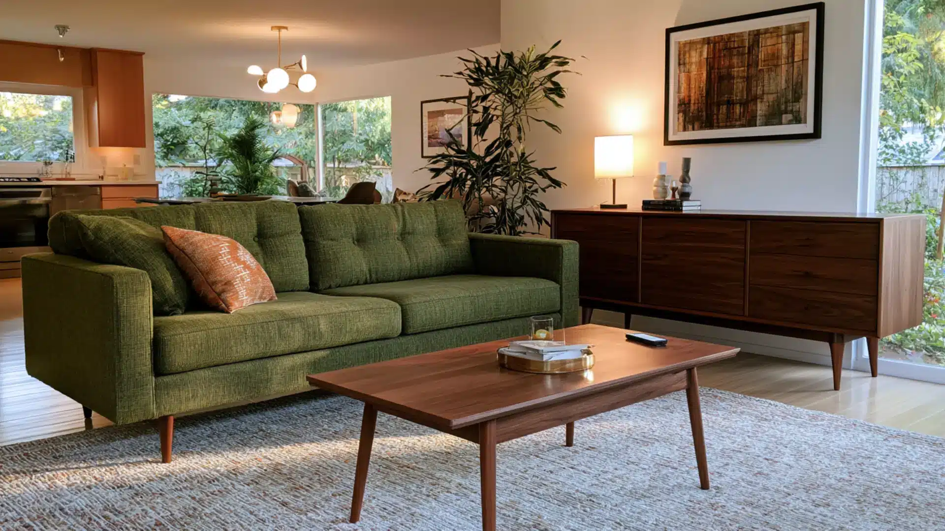 mid century sofa and coffee table with tapered wood legs in living room