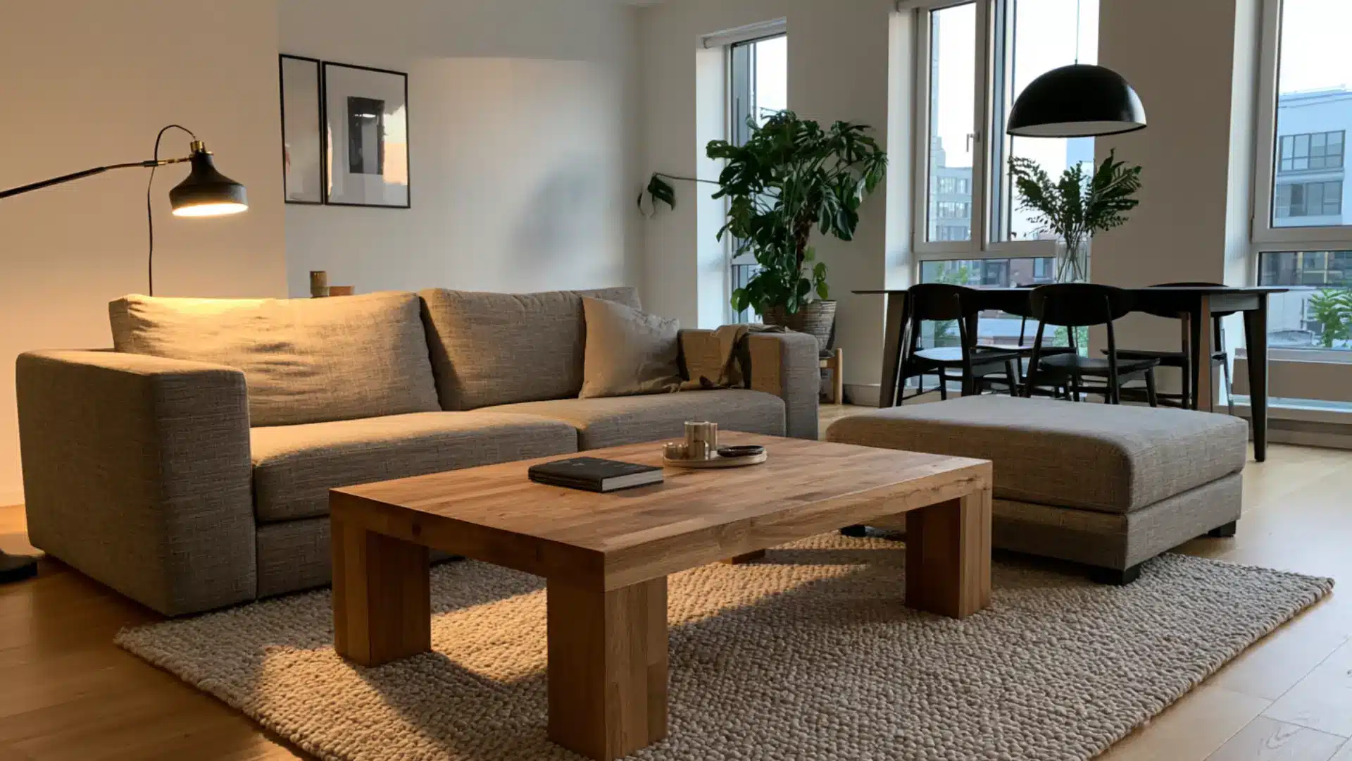 minimalist living room with sofa coffee table and simple dining set