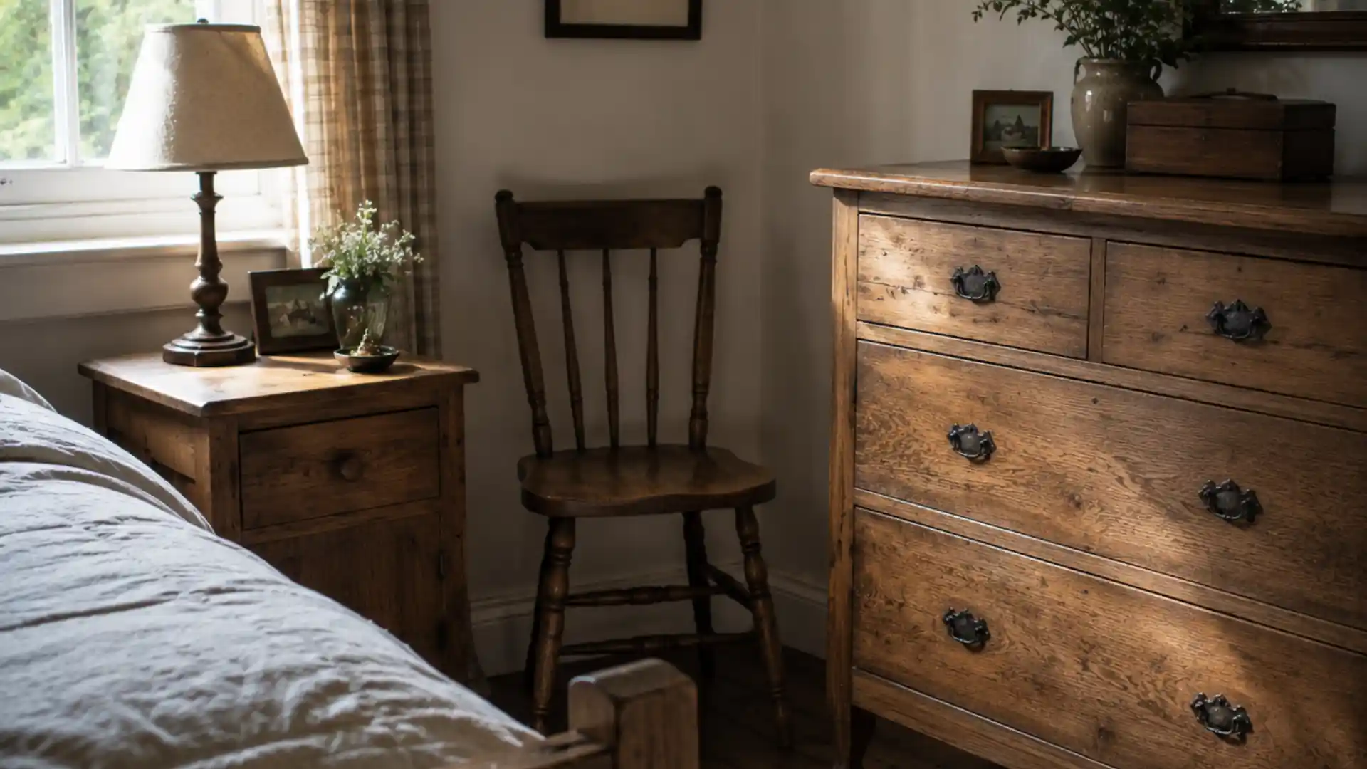 mismatched wooden nightstand, dresser and chair sharing aged patina tones