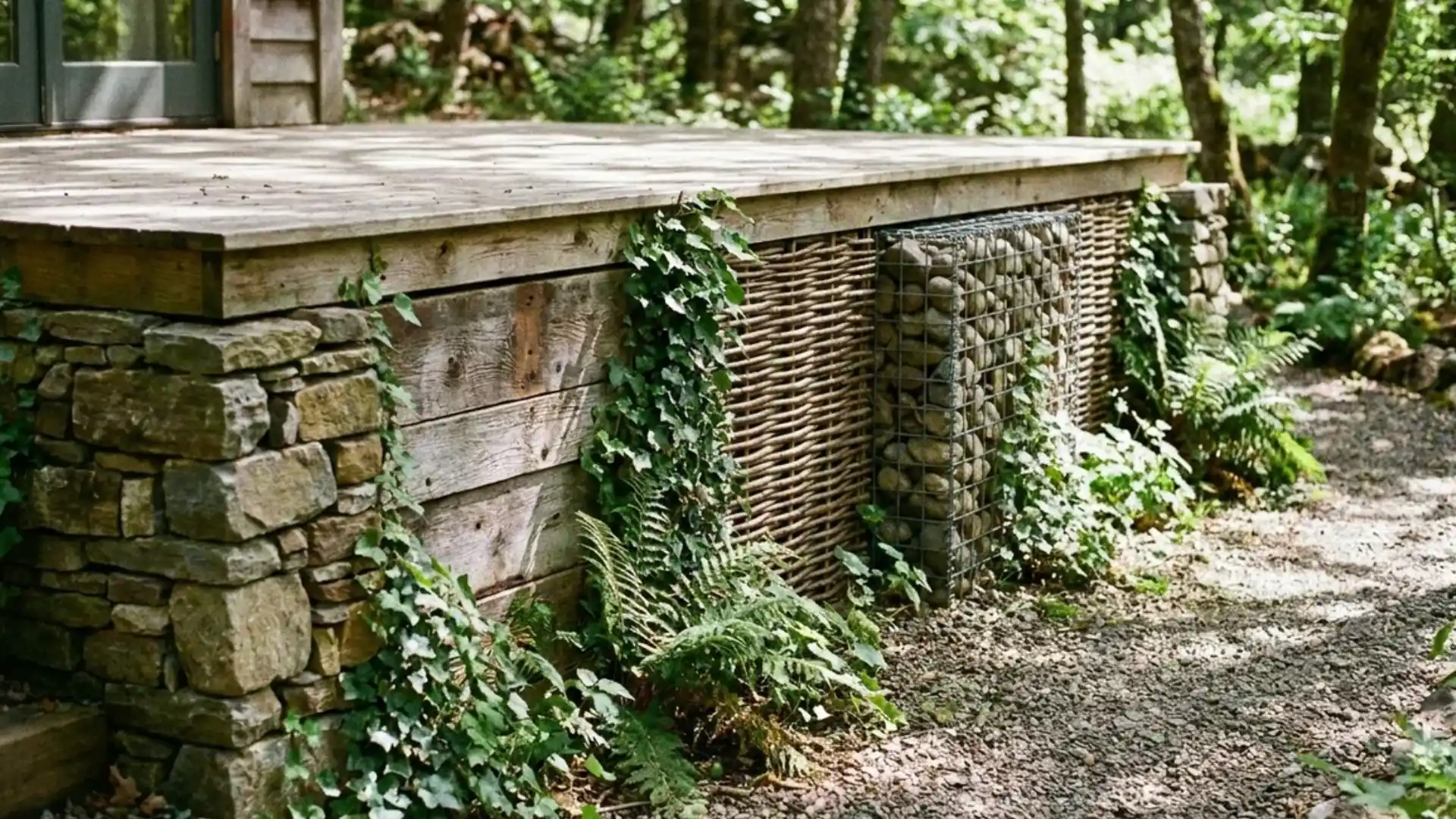 mixed material deck skirting combining stone wood wicker and gabion stone panels