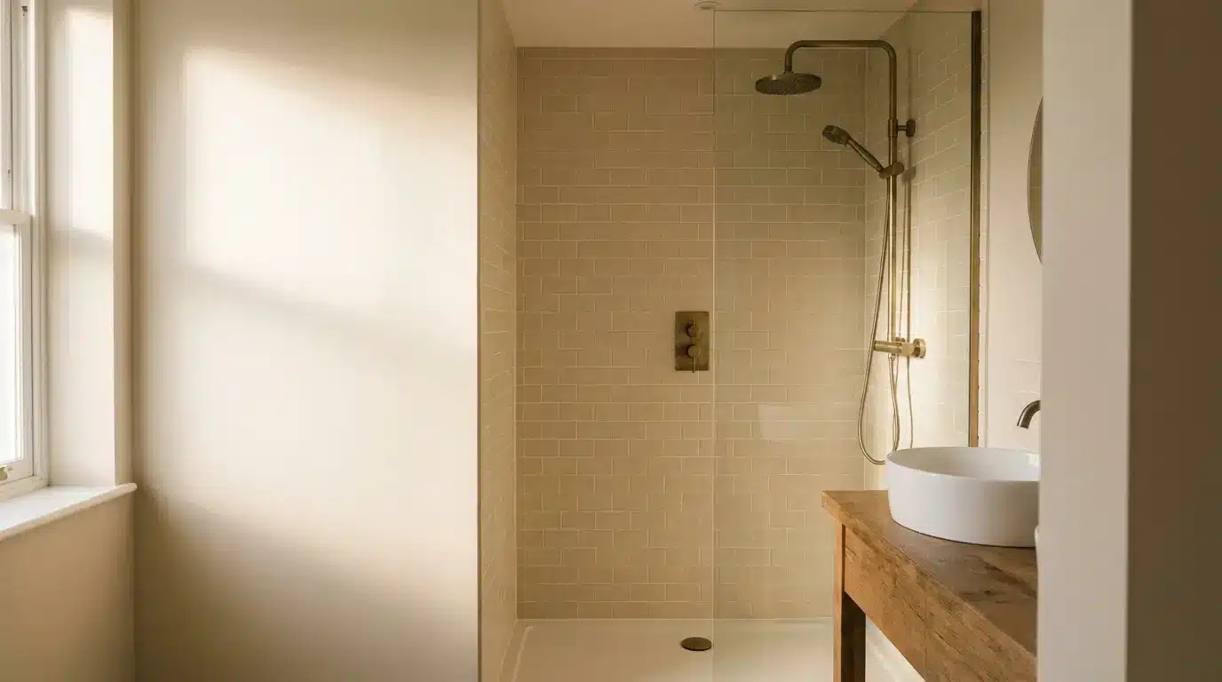 Minimalist bathroom with walk-in shower, wooden vanity, and round basin under warm lighting