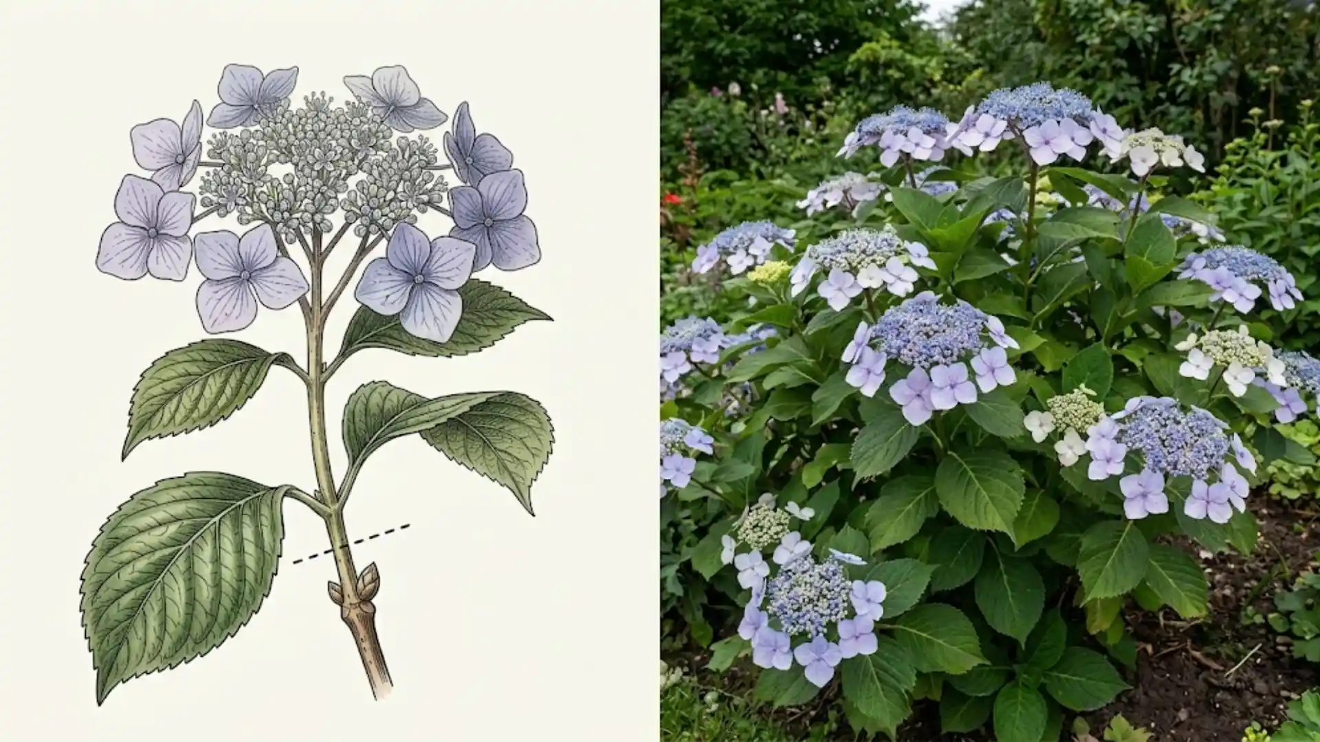 mountain hydrangea lacecap blooms next to a botanical illustration showing a pruning point
