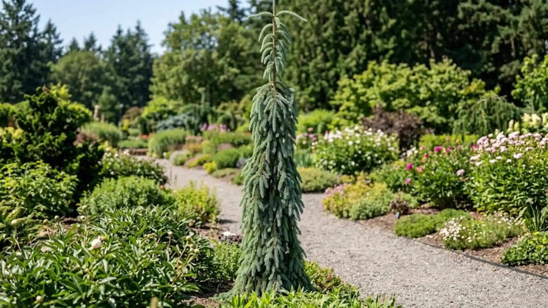 narrow weeping white spruce pendula planted as a vertical garden accent