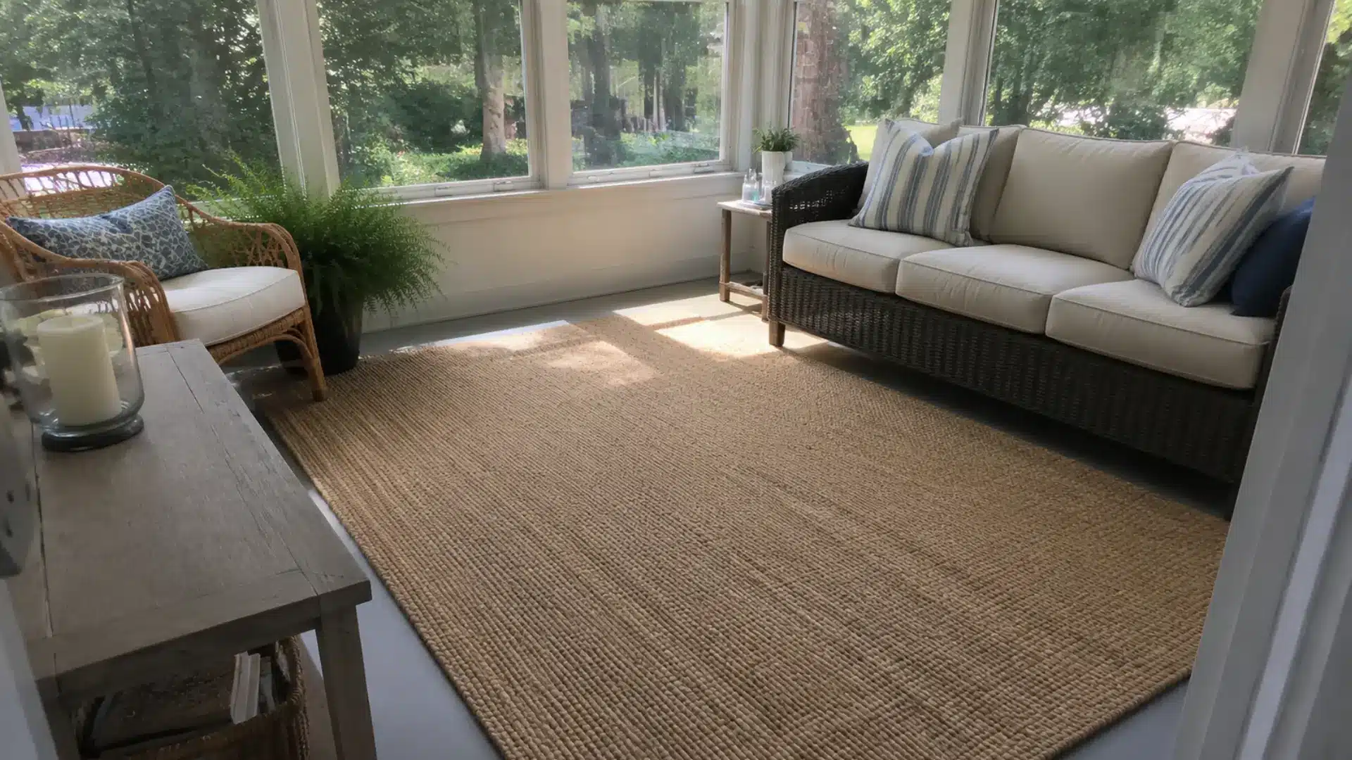 natural sisal rug anchoring a wicker sofa and chair in a bright sunroom
