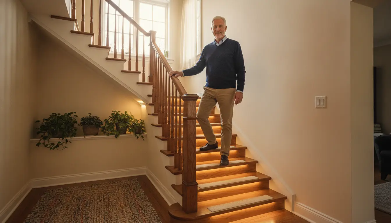 Man standing on wooden staircase with warm lighting and potted plants nearby
