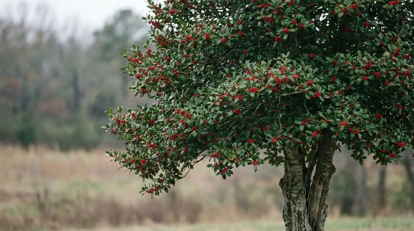 Tree with red berries against a blurred field background in a natural setting
