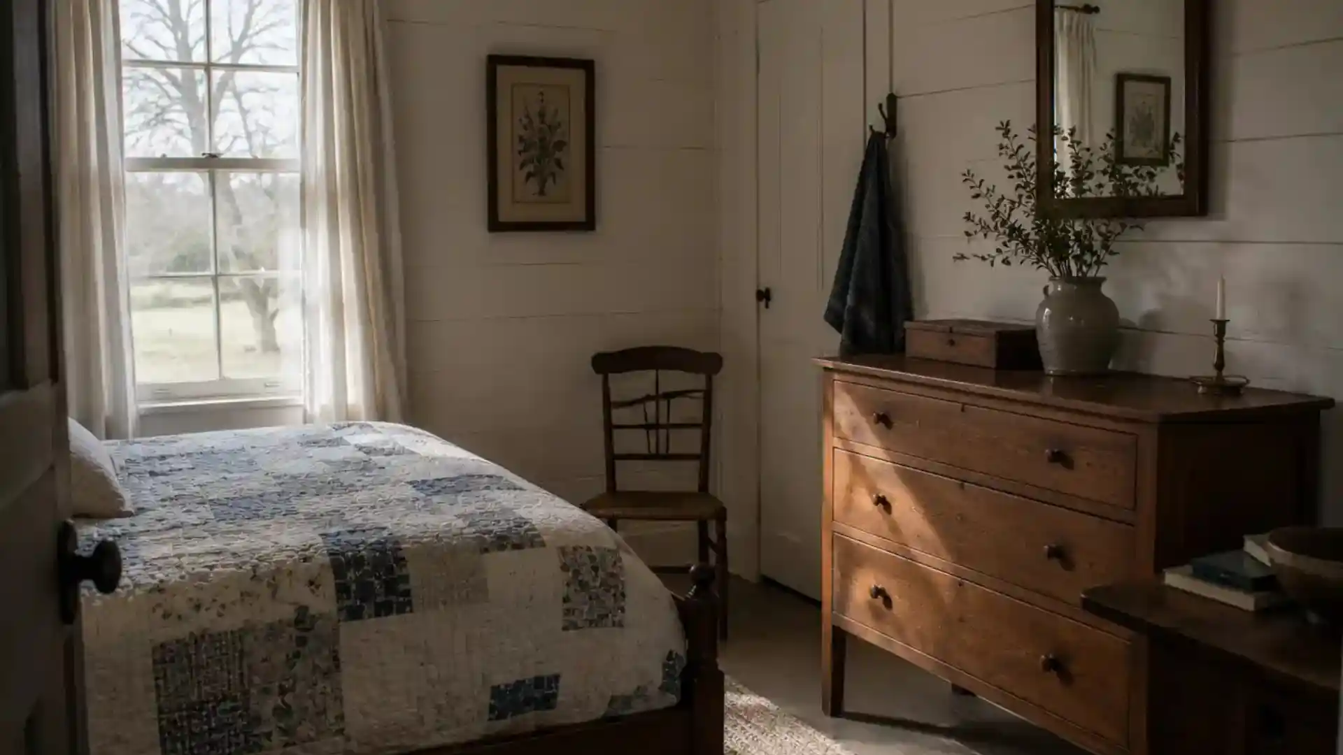 new england style cottage bedroom with painted timber and shaker furniture