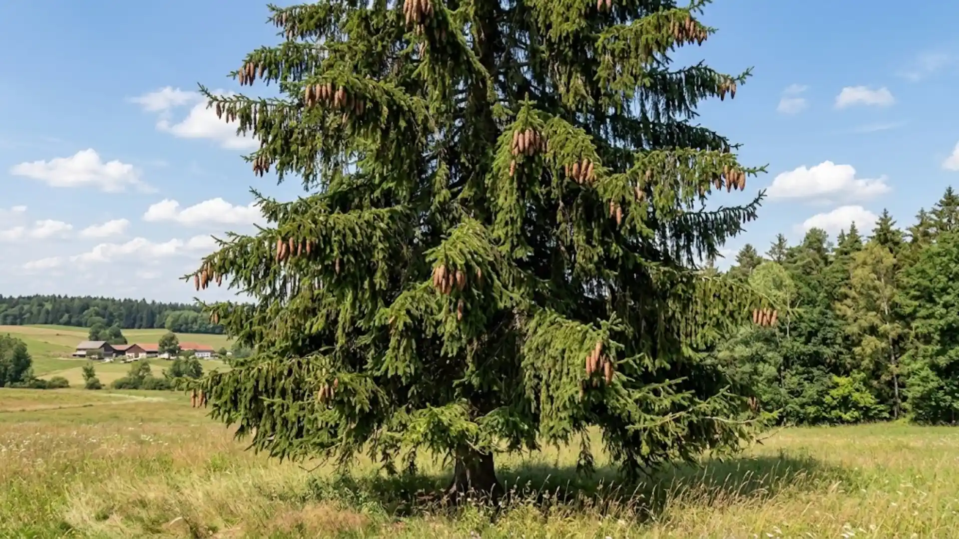 norway spruce with drooping branches and long hanging cones