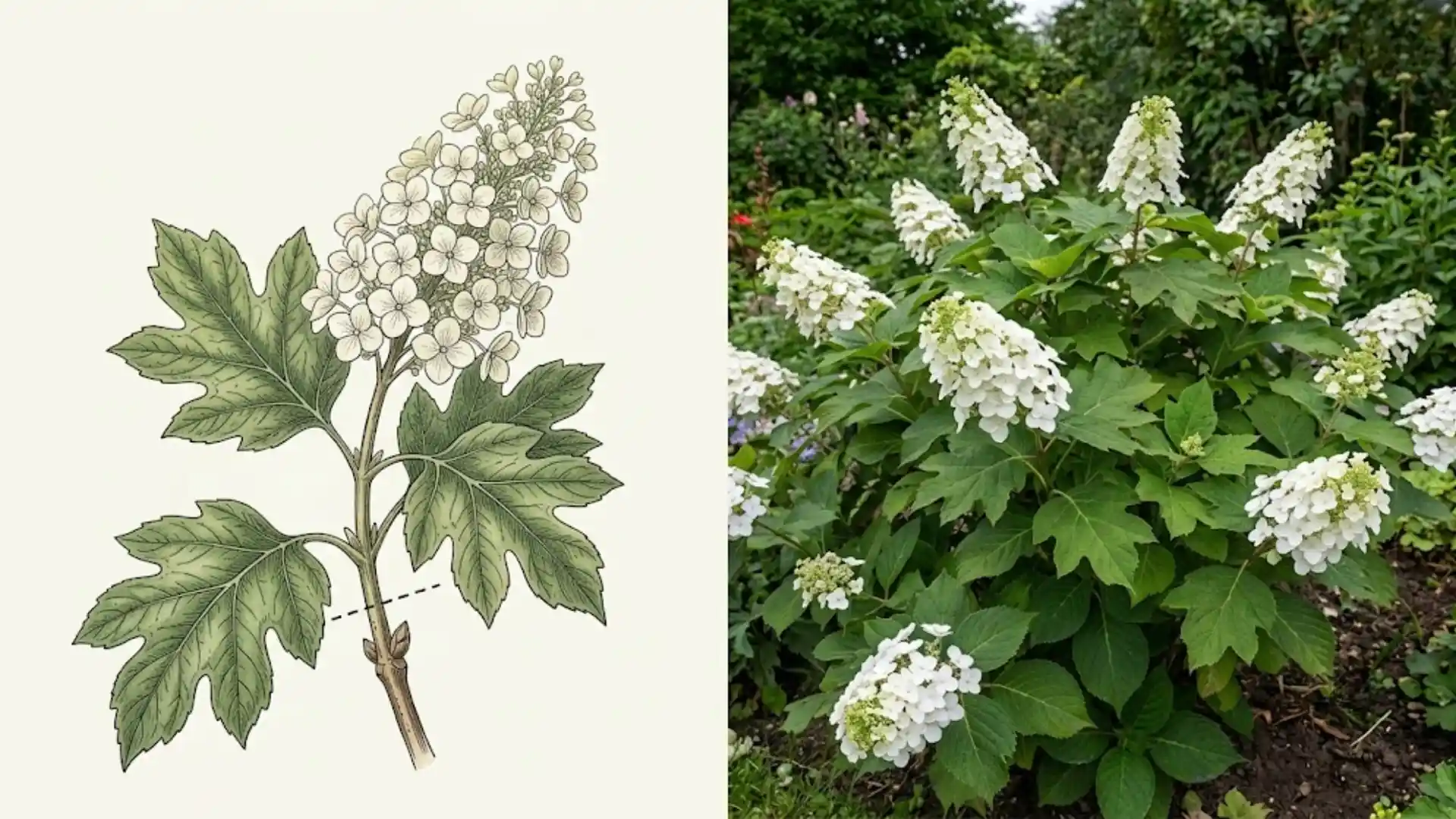 oakleaf hydrangea foliage and blooms beside a botanical illustration of a pruning point