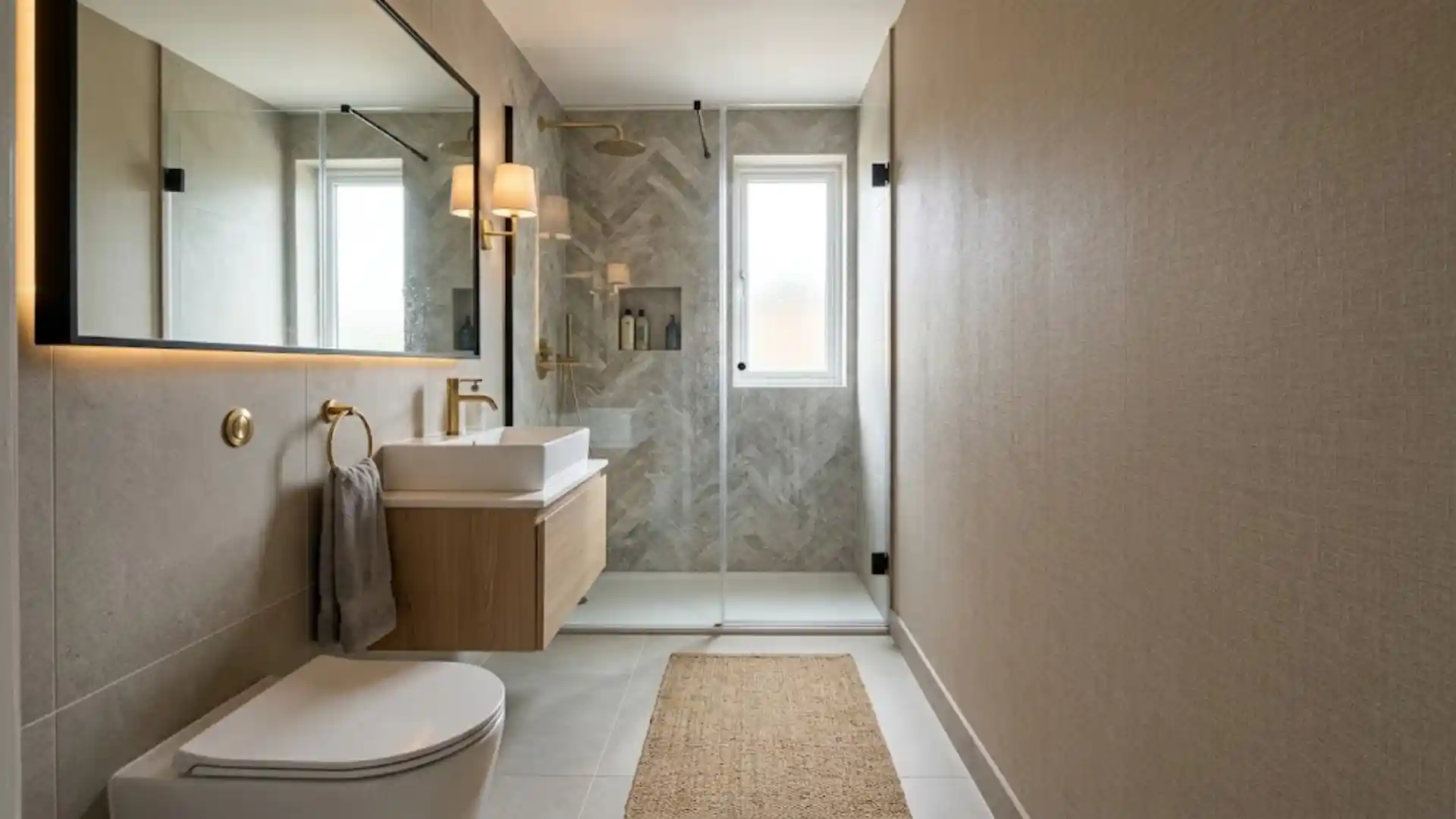 one-wall 3/4 bathroom layout with wallpaper accent and brass sconce lighting