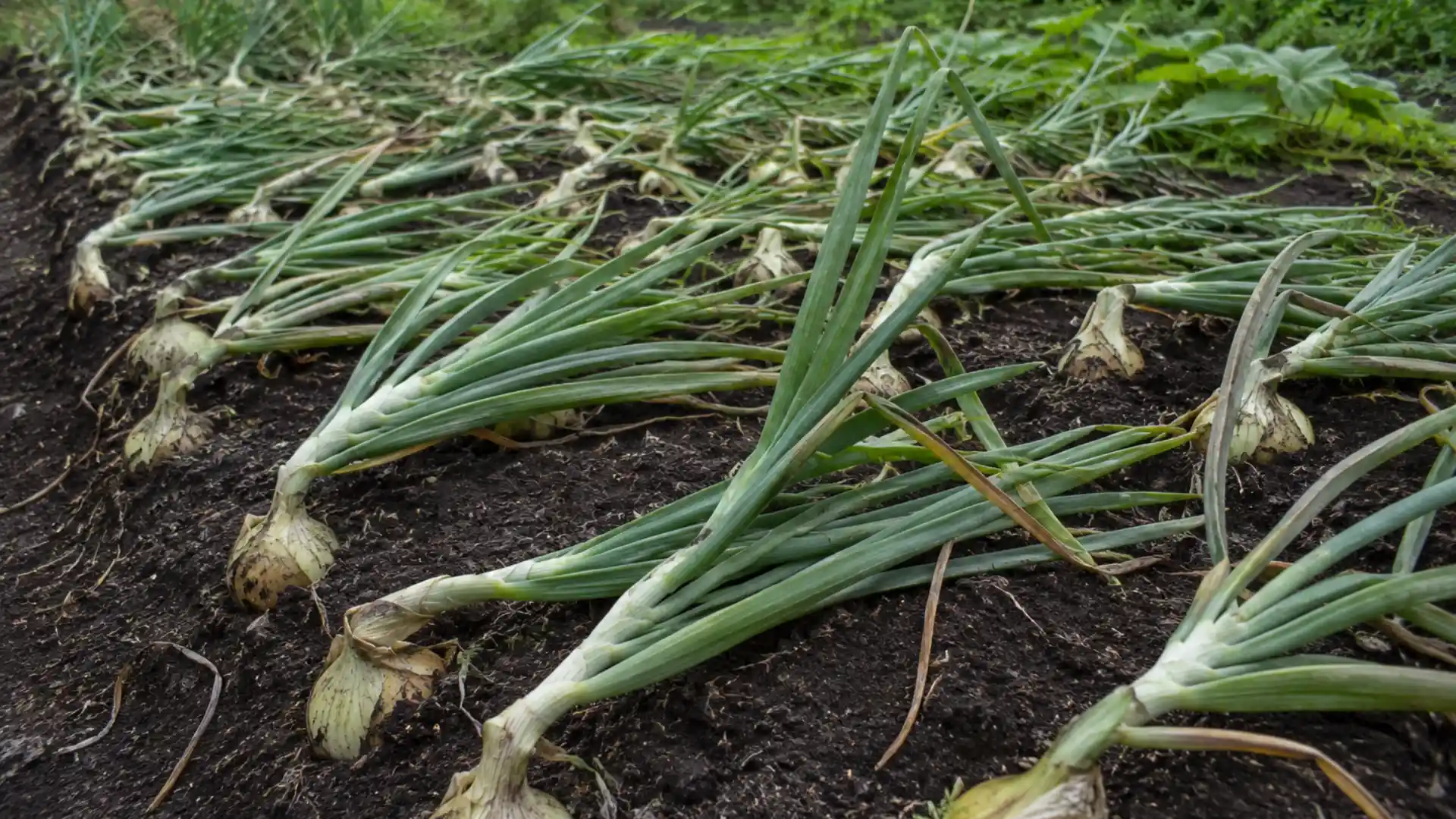 onion plants with tops naturally flopped over in garden bed