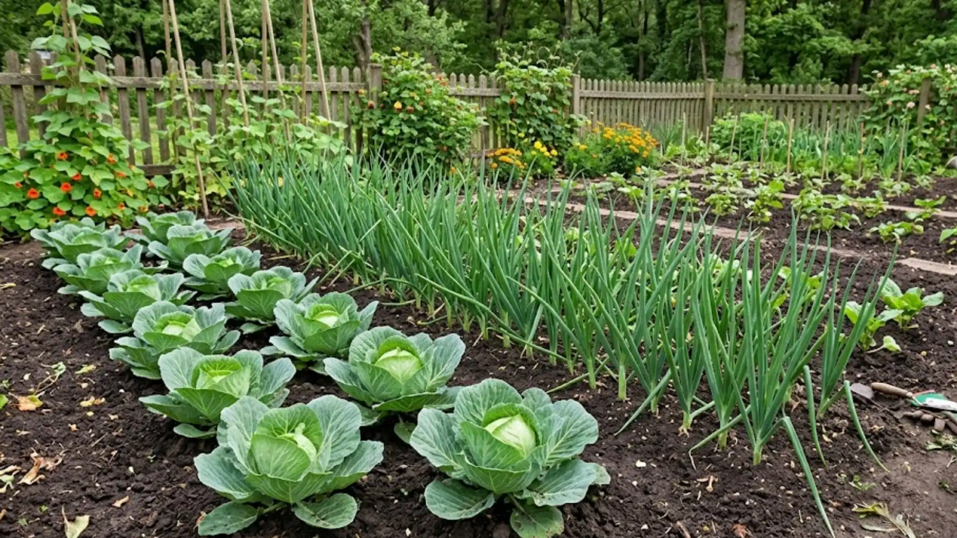 onions growing alongside mature cabbage plants in a well-spaced companion planting garden