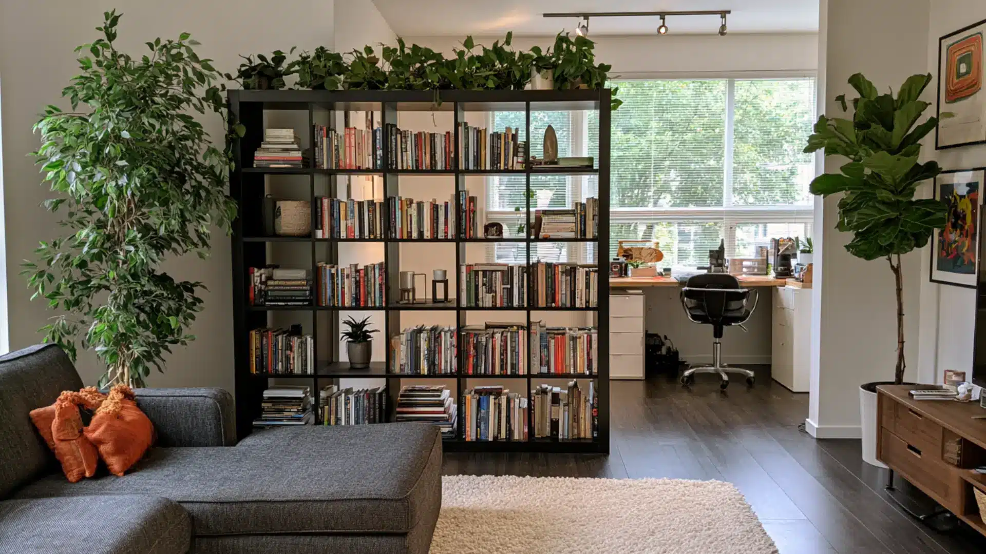 open backed bookcase dividing living room from home office nook