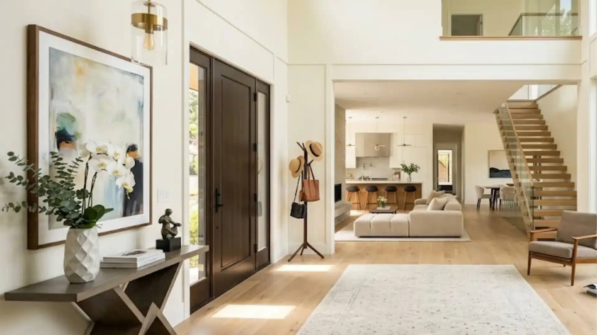 open concept foyer with wood doors, console table, large rug, and adjoining living space