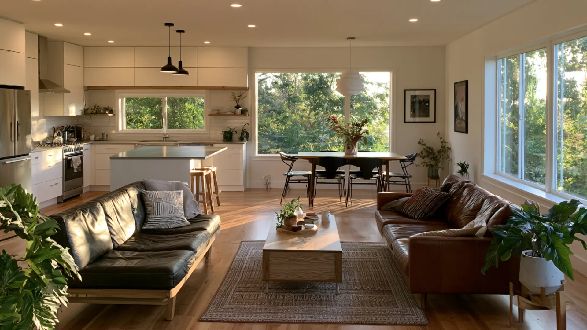 open kitchen dining and living room with clear sightlines and large windows