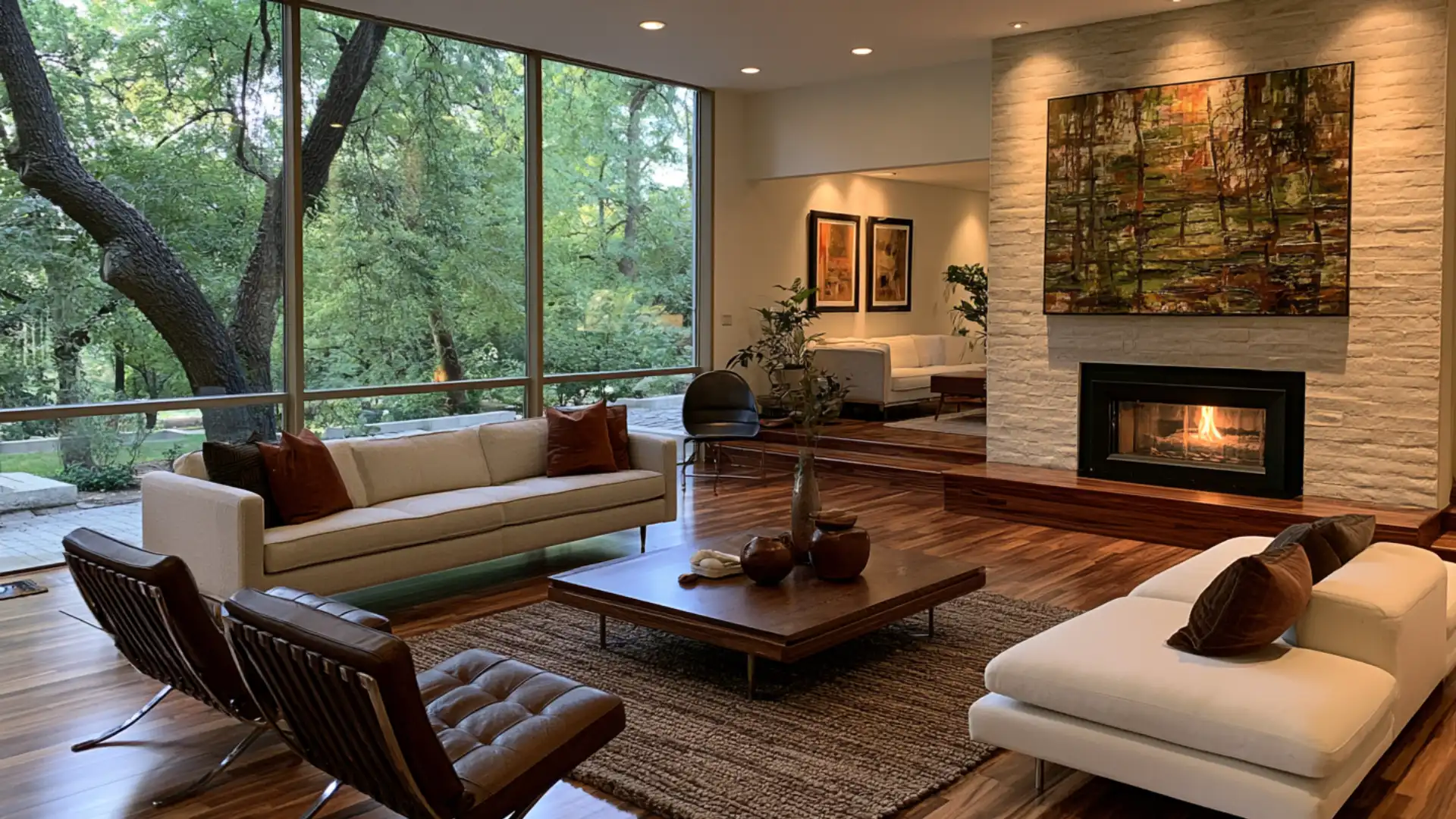 open living room with two seating groups near fireplace and windows